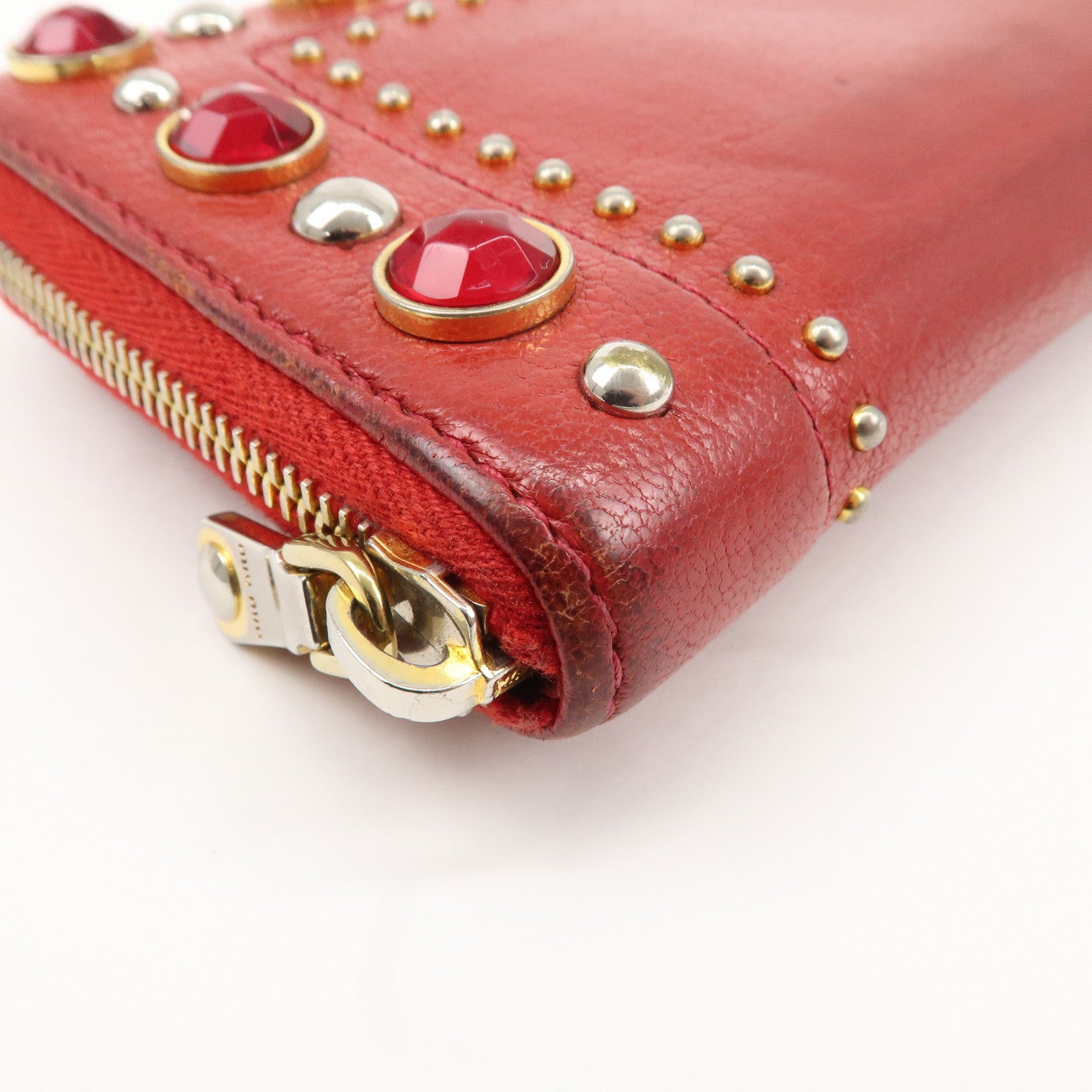 MIU MIU Leather Round Zipper Long Wallet Bijou Studs Red