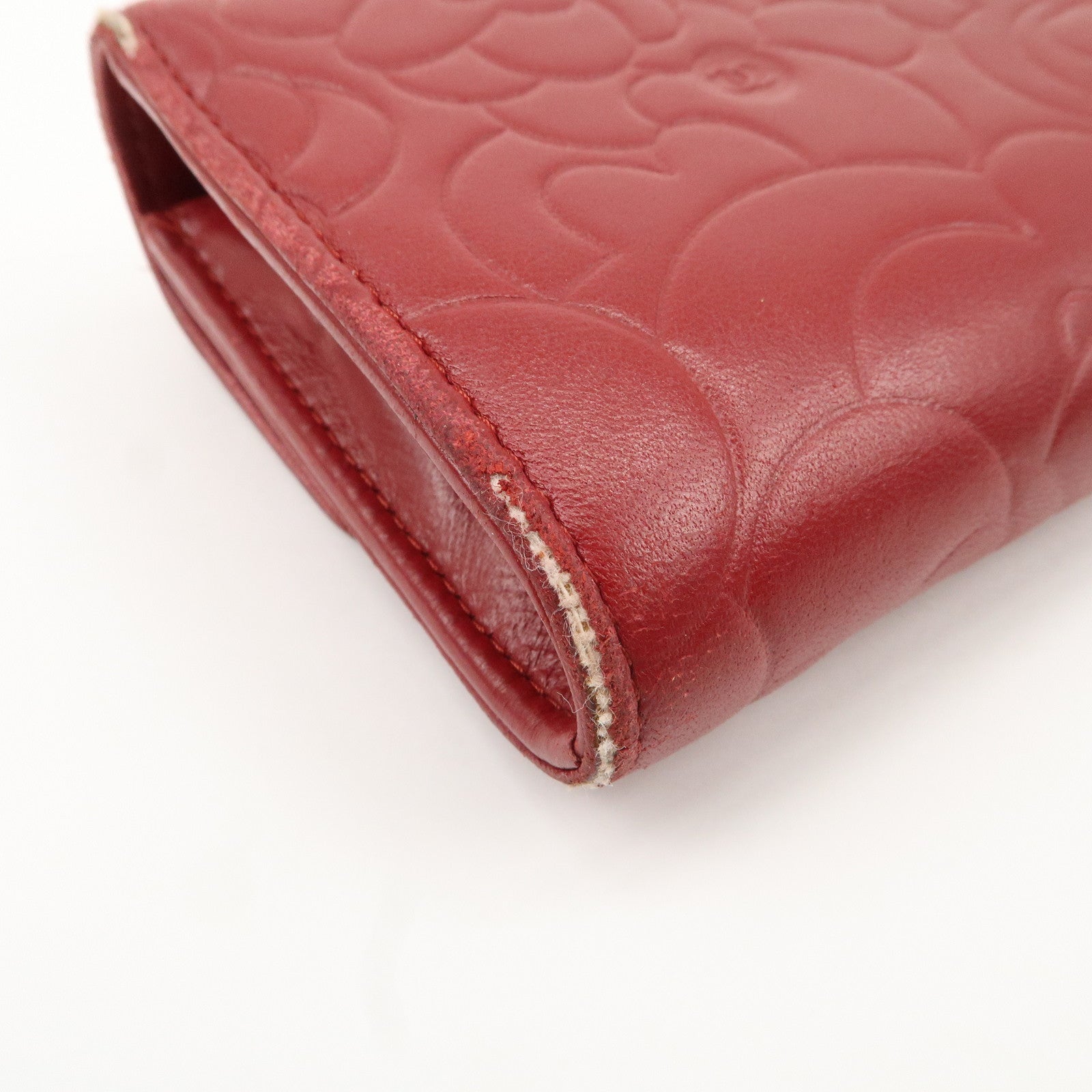 CHANEL Camelia Lamb Skin Bi-fold Long Wallet Red