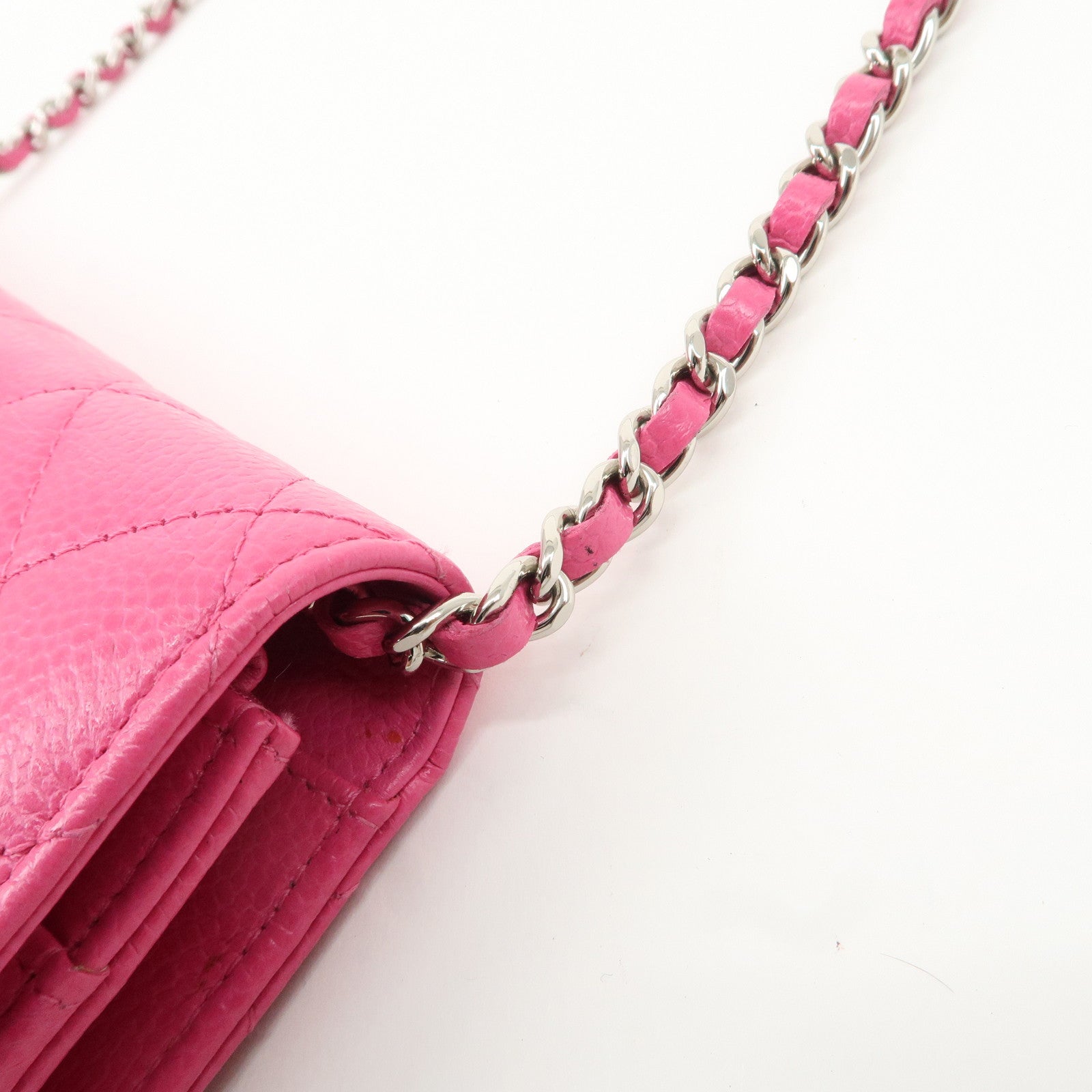 CHANEL Matelasse Caviar Skin Chain Wallet Purse Pink Silver AP0250 Used