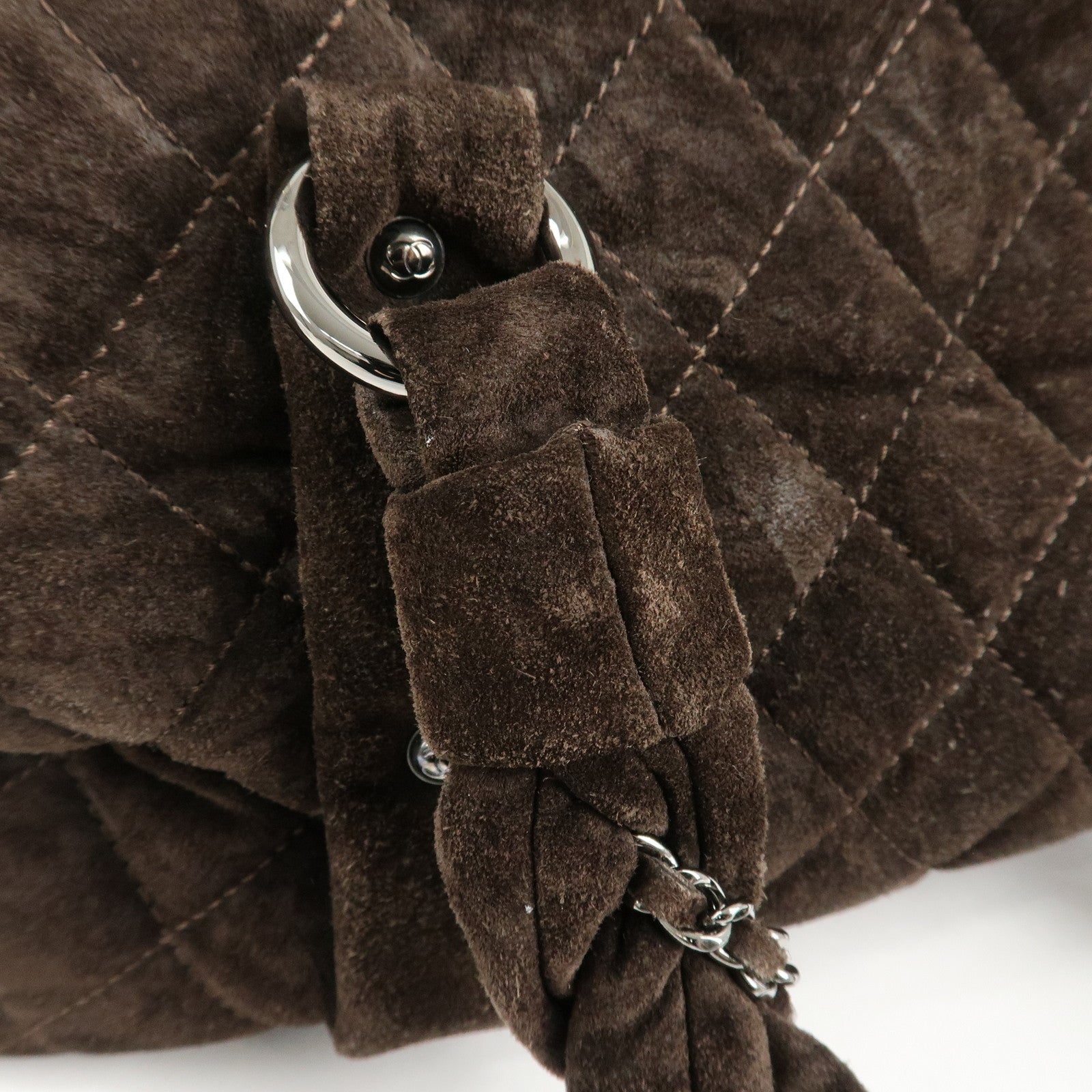 CHANEL Matelasse Suede Boston Bag Brown Silver Hardware