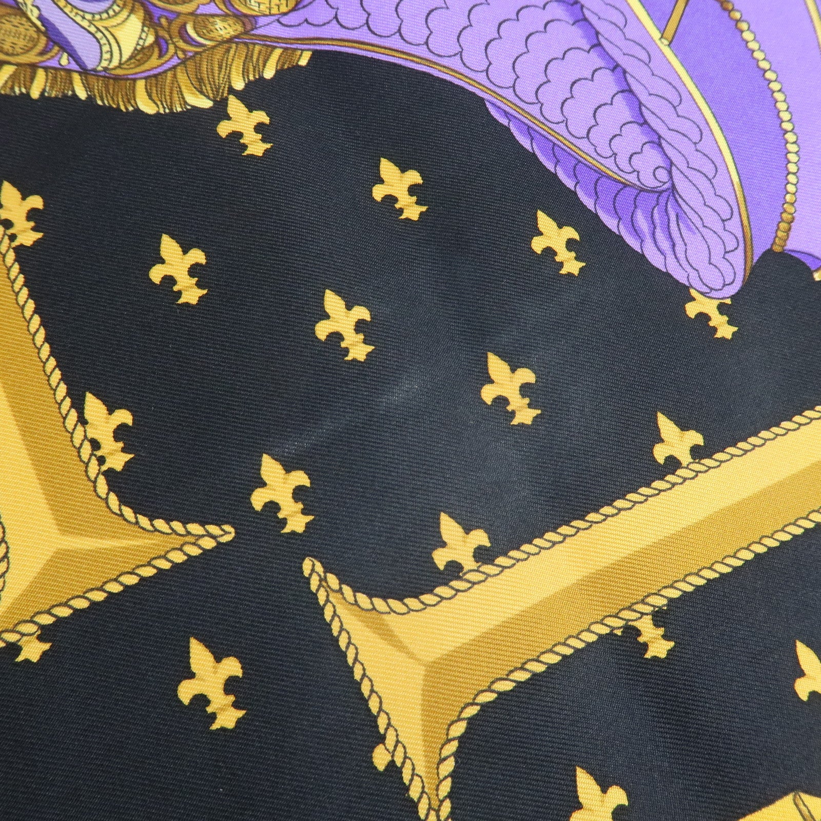 HERMES Carre 90 Silk 100% Scarf SELLES A HOUSSE Black Purple Gold Used