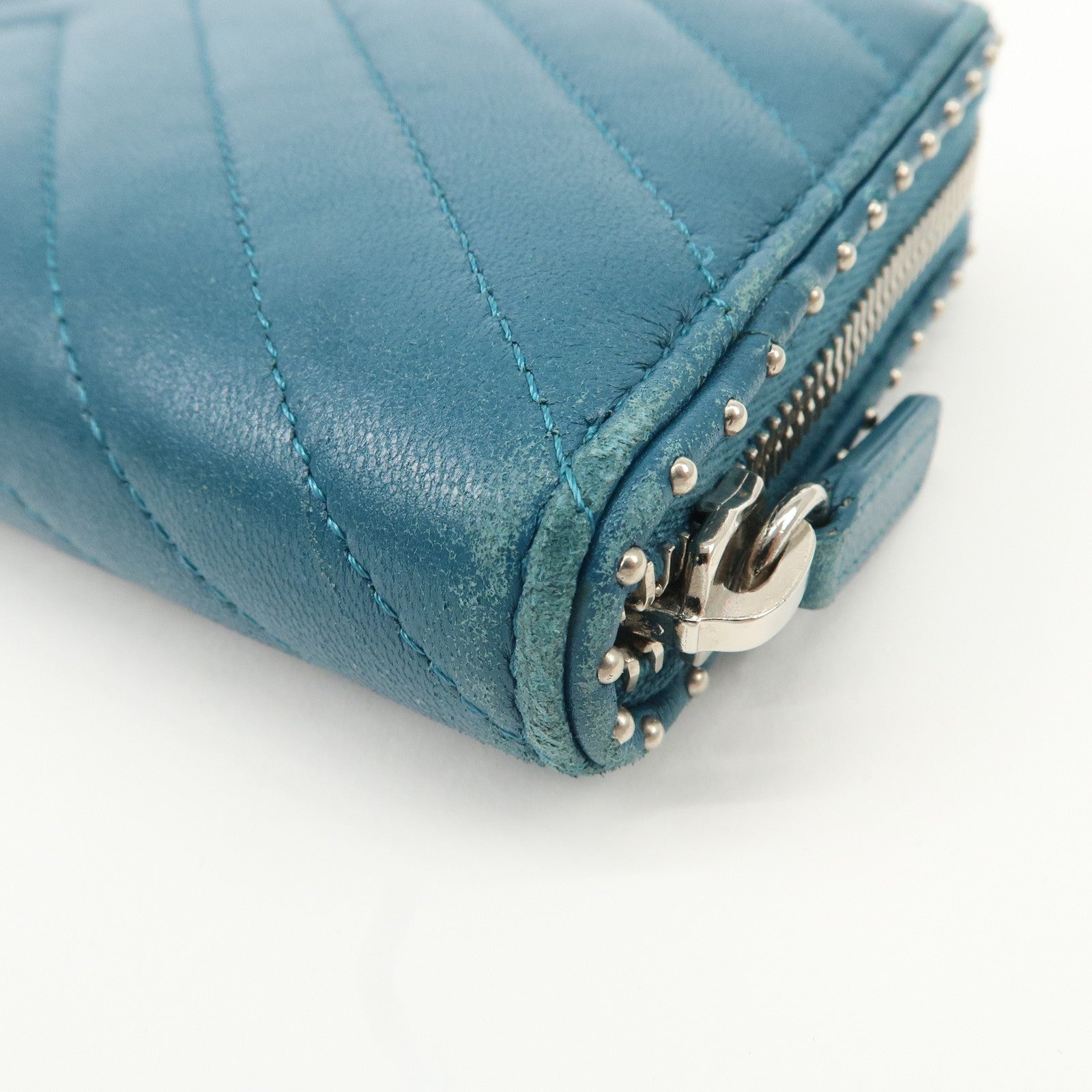 CHANEL V Stich Lamb Skin Coco Mark Studs Long Wallet Blue A50097 Used