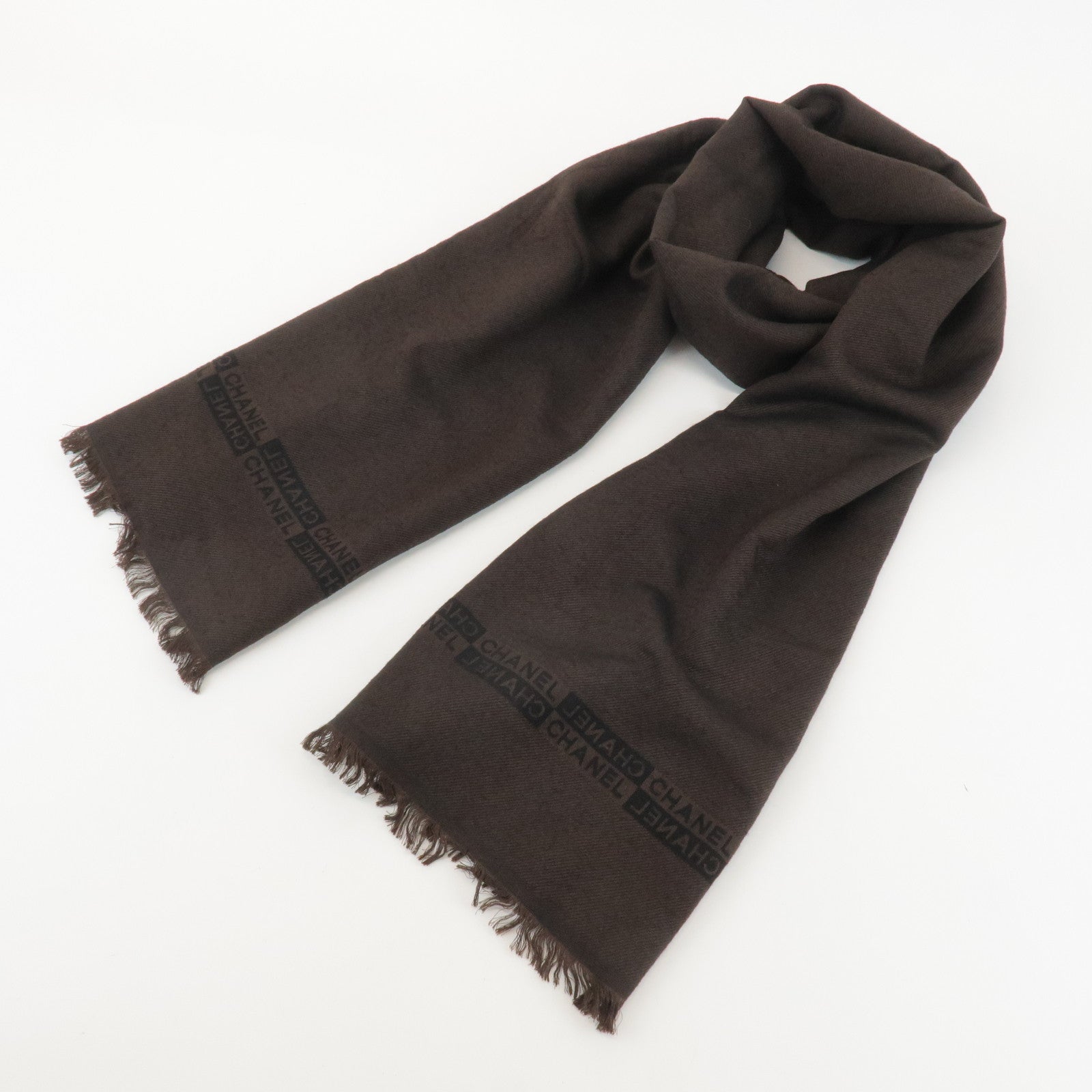 CHANEL SIlk Wool Shawl Scarf 190×55 Dark Brown Black Used