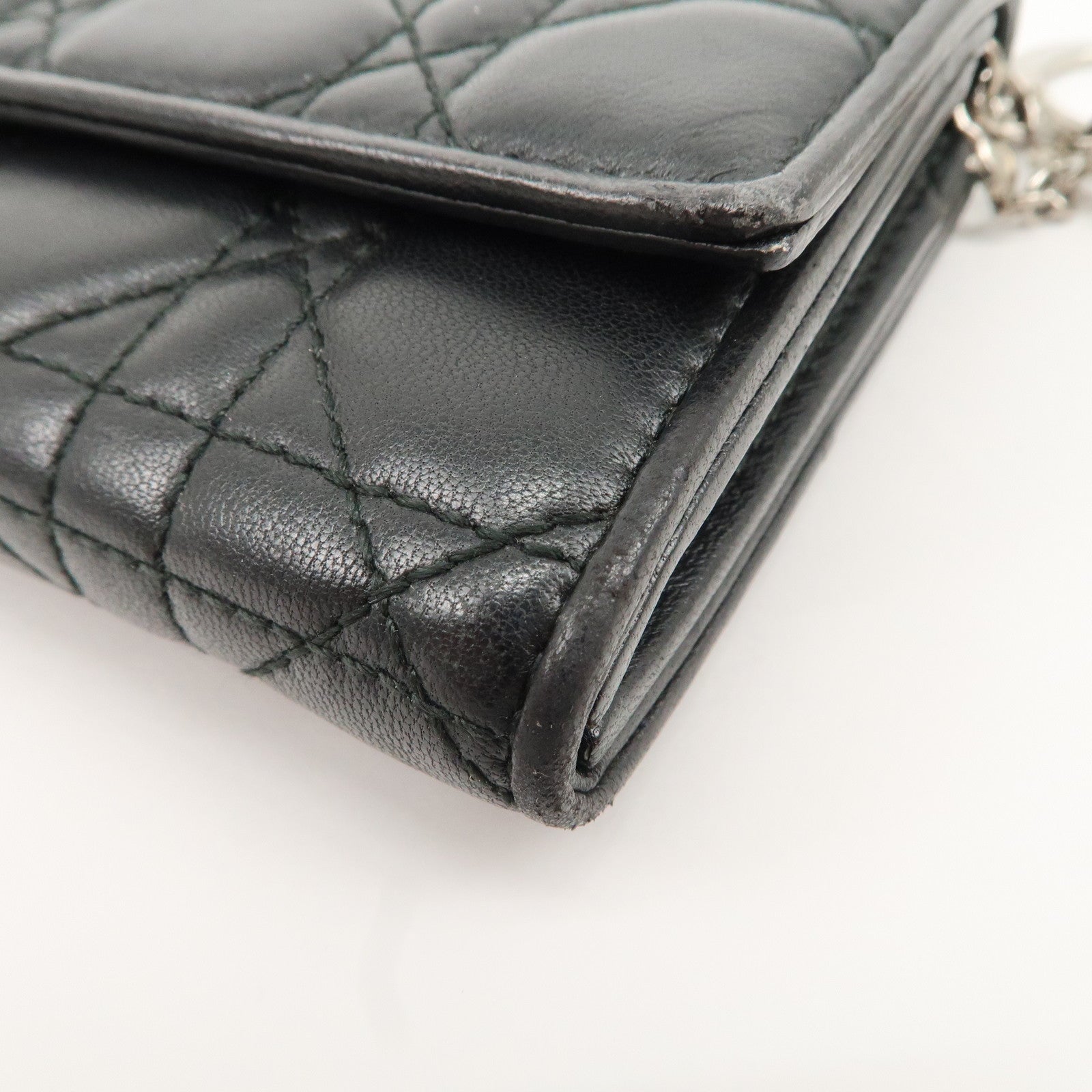 Christian Dior Cannage Leather Chain Long Wallet WOC Black Used