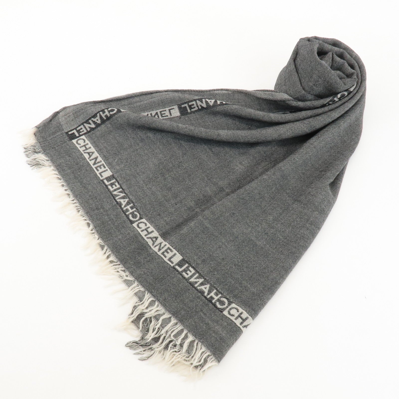 CHANEL Virgin Wool 100% Scarf 195×55 Black Used