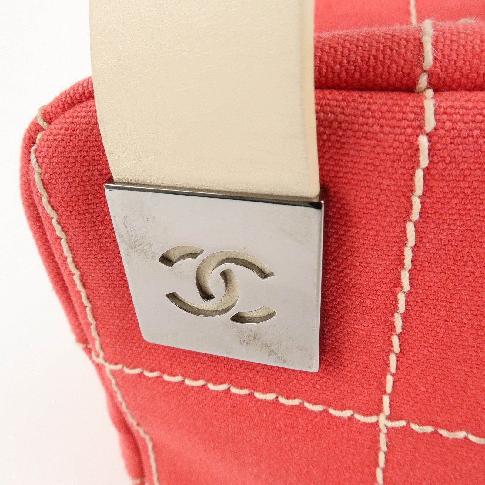 CHANEL Chocolate Bar Canvas Leather Mini Boston Bag Red Ivory Used