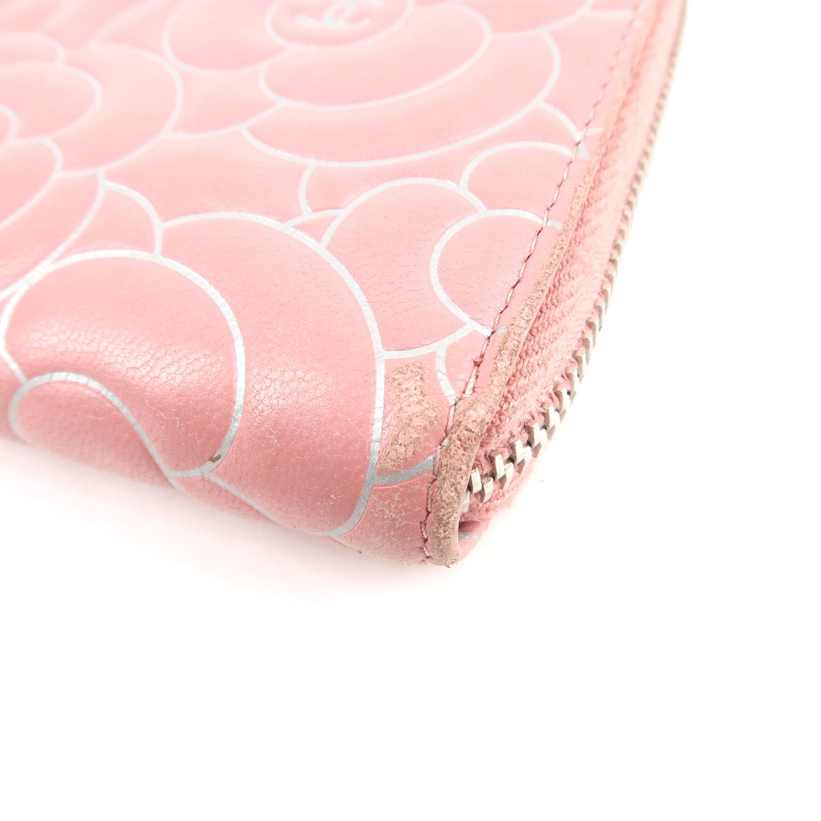 CHANEL Camellia Lamb Skin Long Zippy Wallet Pink A50085