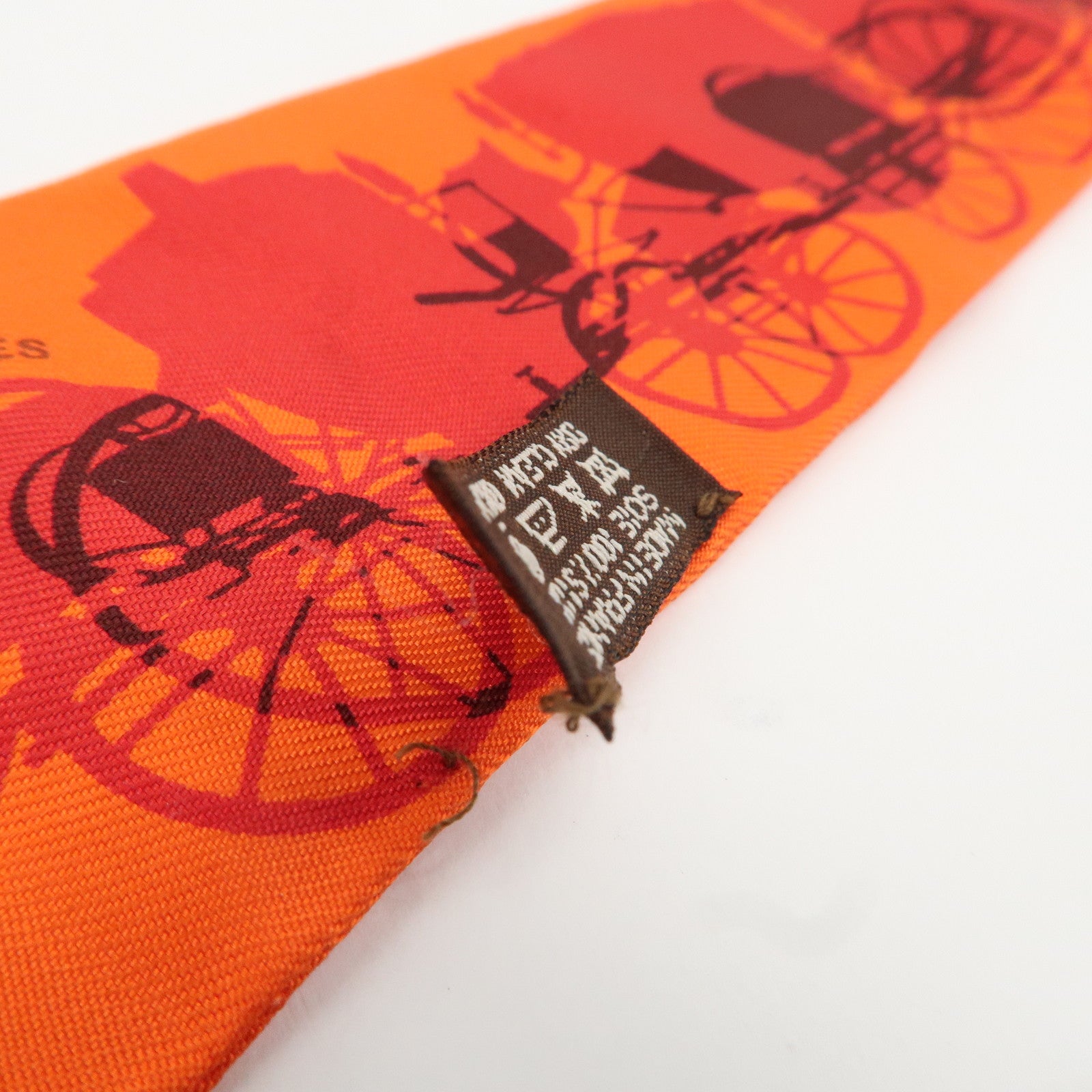 HERMES 100% Silk Twilly Scarf Carriage Motif Orange Used