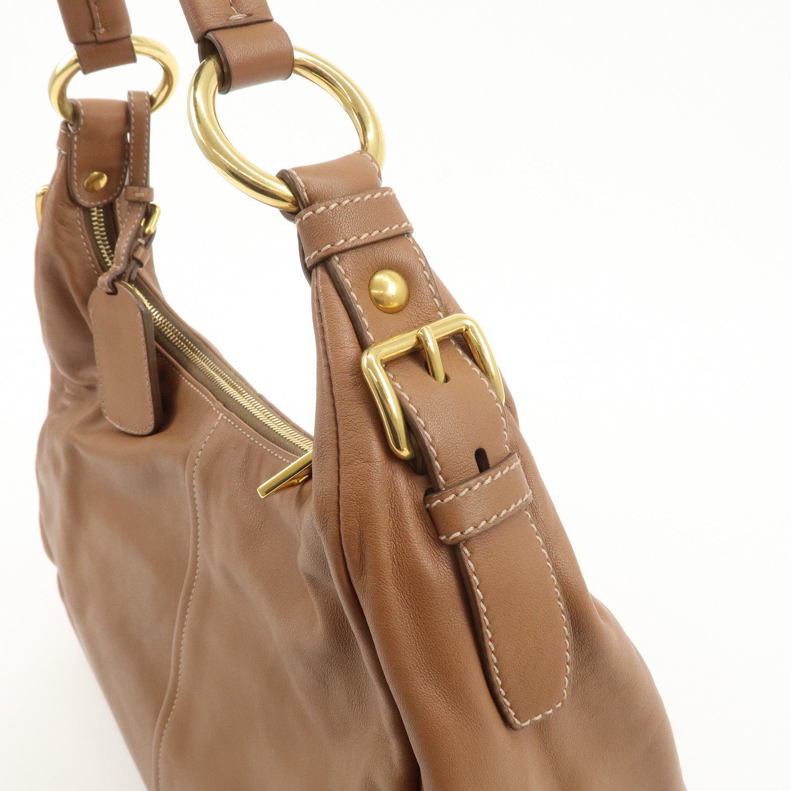 PRADA Leather Shoulder Bag Hand Bag Brown