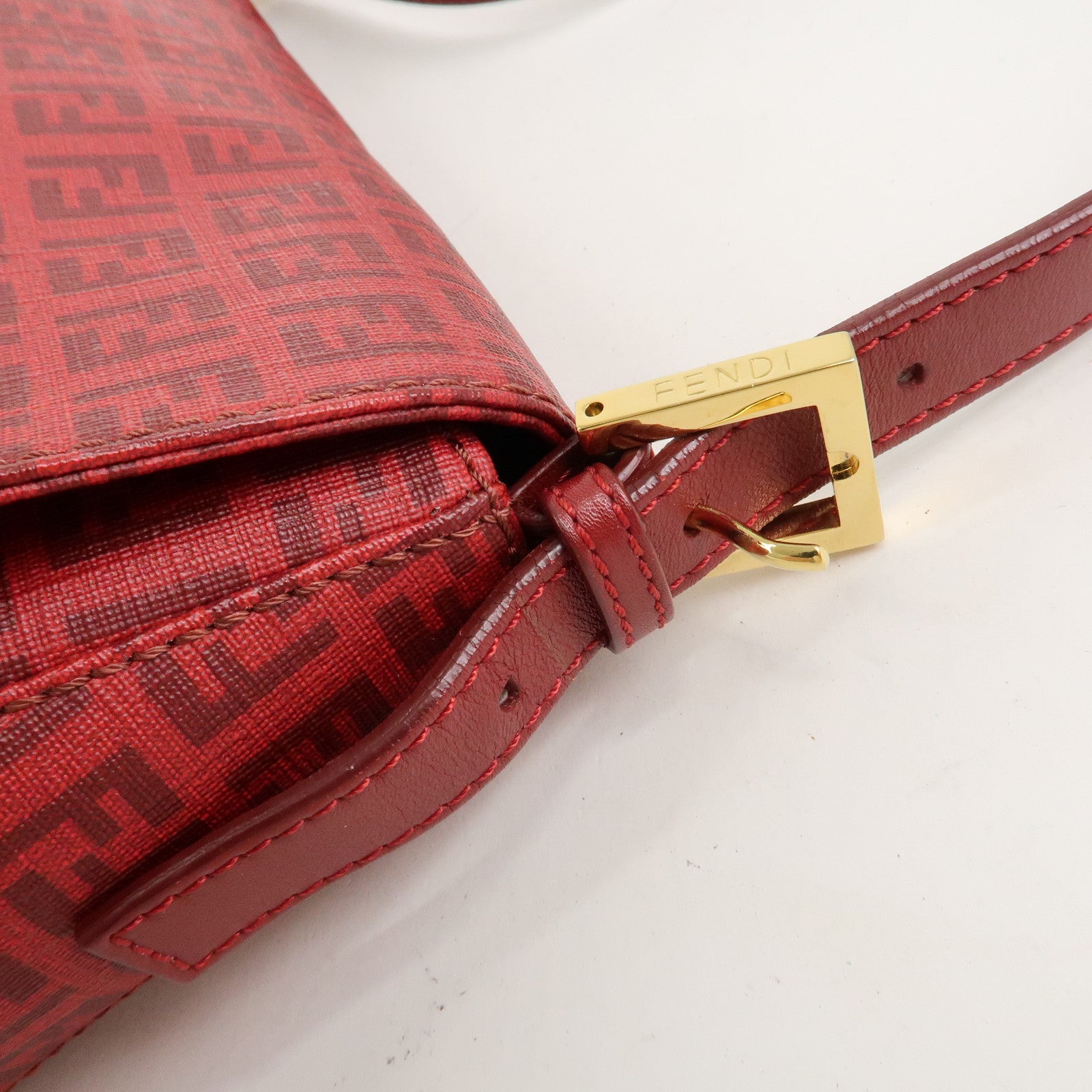 FENDI Zucchino PVC Leather Mamma Baguette Shoulder Bag Red 8BR001 Used