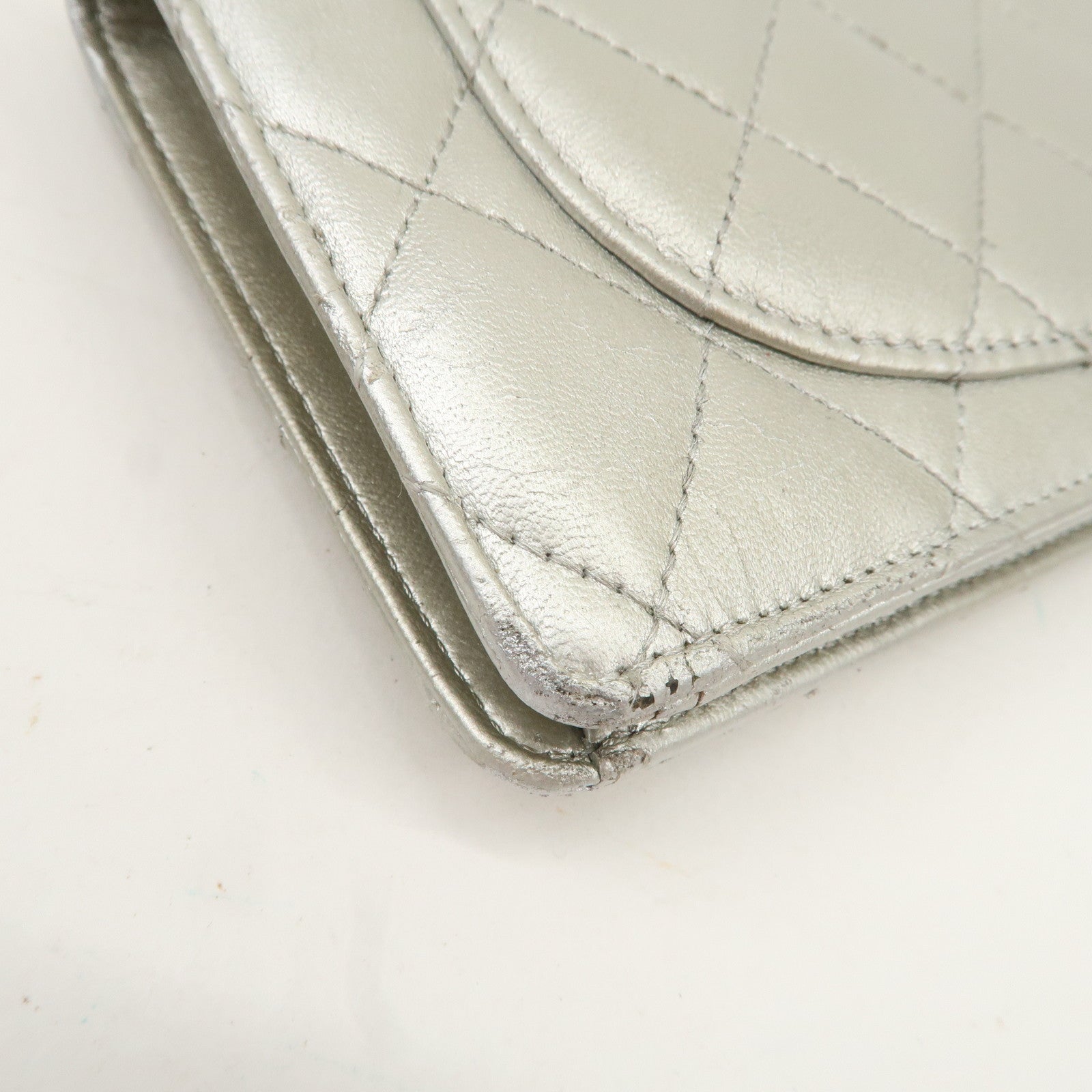 CHANEL Matelasse Lamb Skin Bi-fold Long Wallet Silver A31509 Used