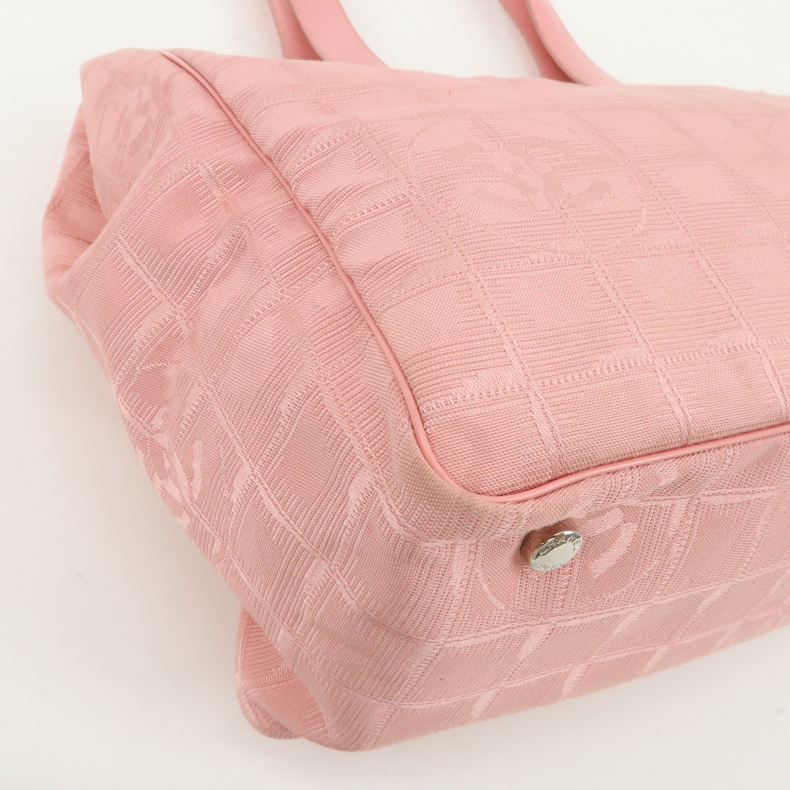 CHANEL New Travel Line Nylon Jacquard Leather Tote MM Pink A15991 Used