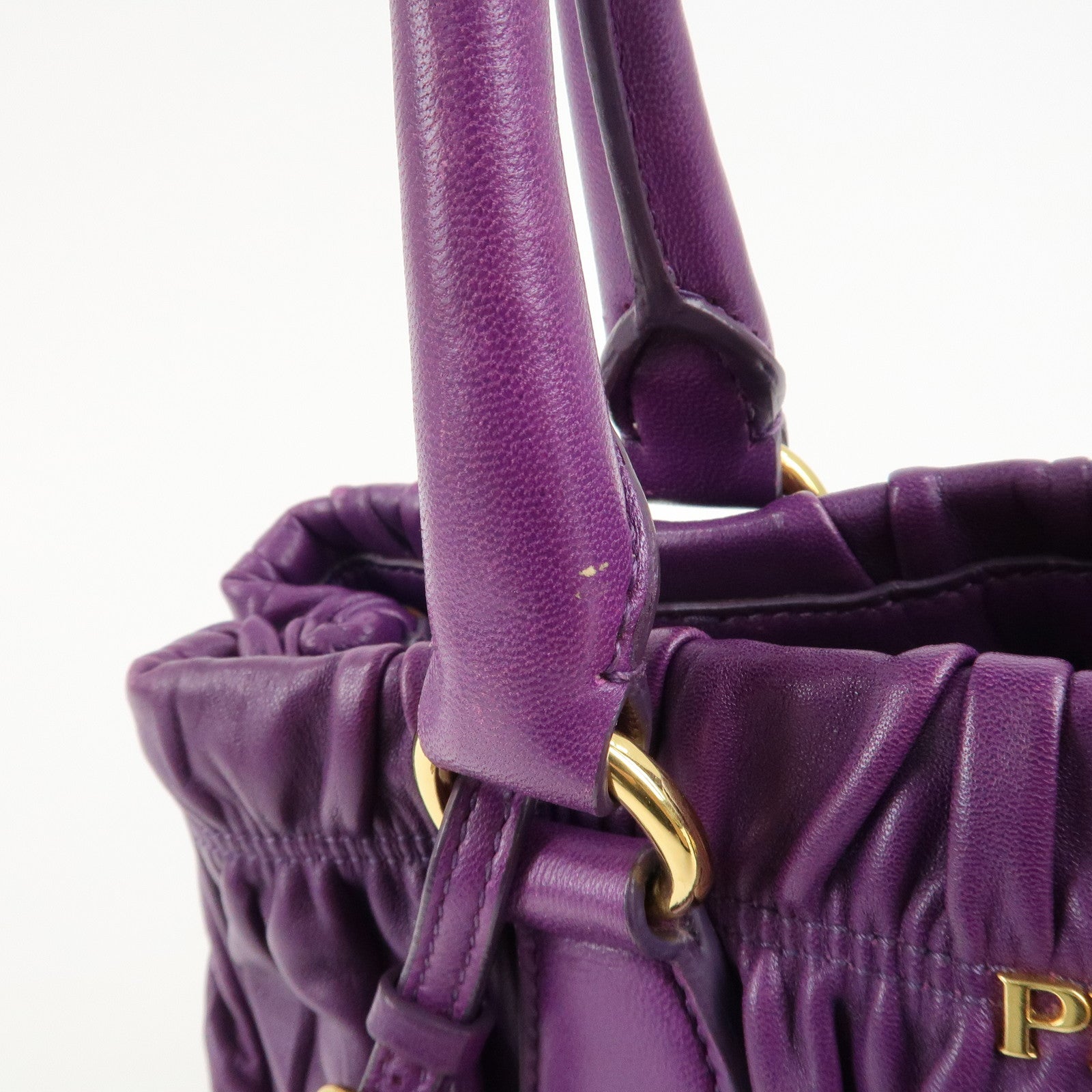 PRADA Leather Gathered Hand Bag Purple Gold Hardware BN2394