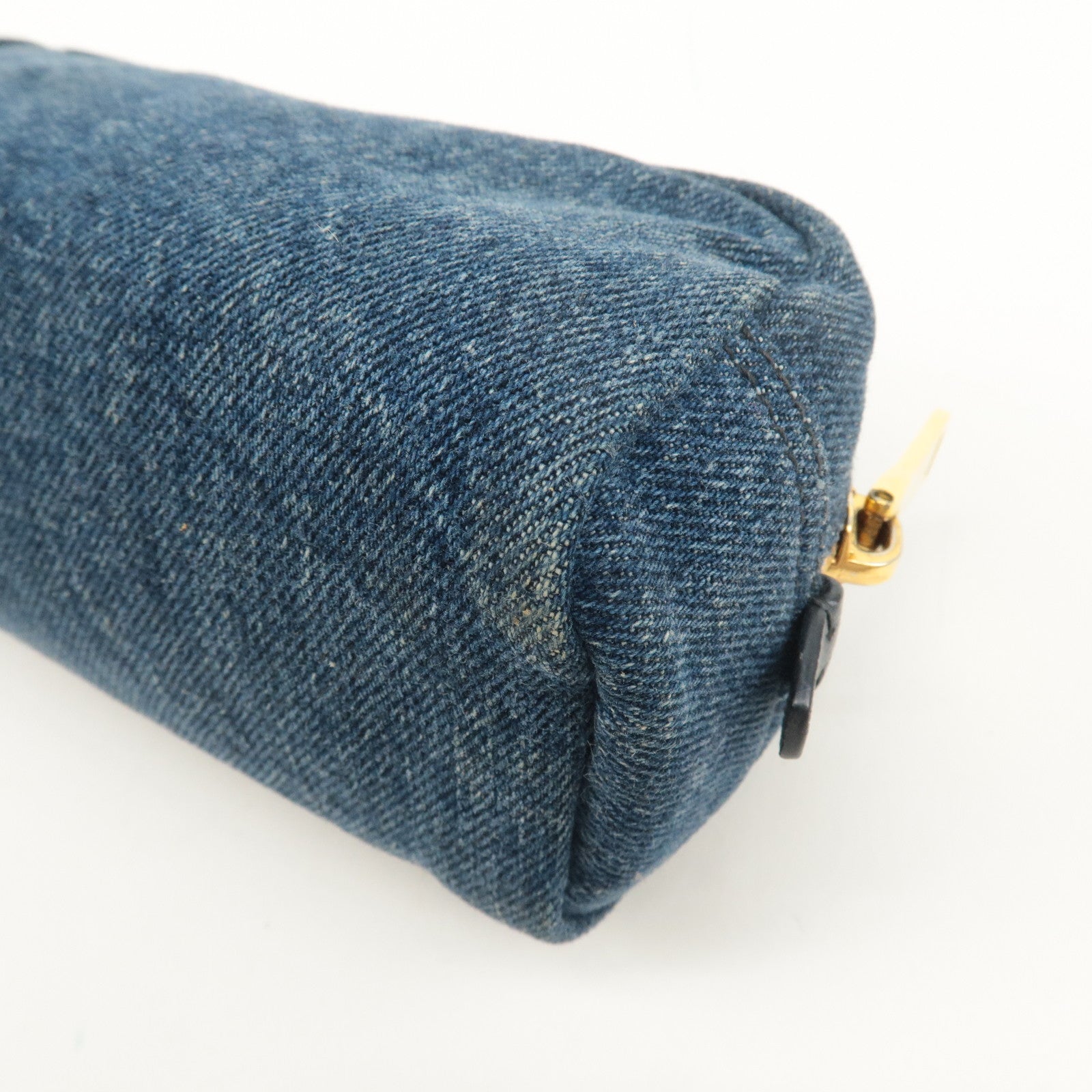 PRADA Logo Denim Pouch Cosmetic Pouch Blue Gold Hardware