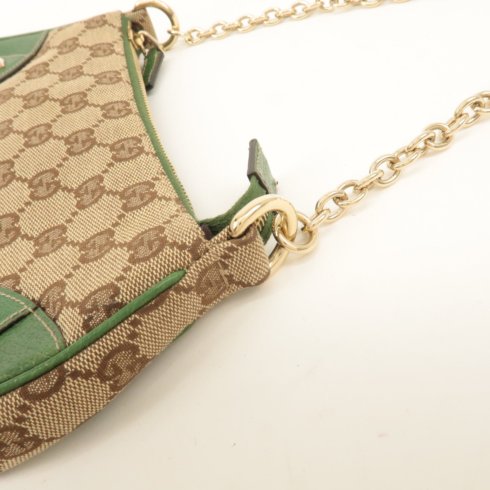 GUCCI GG Canvas Leather Chain Hand Bag Pouch Beige Green 120940