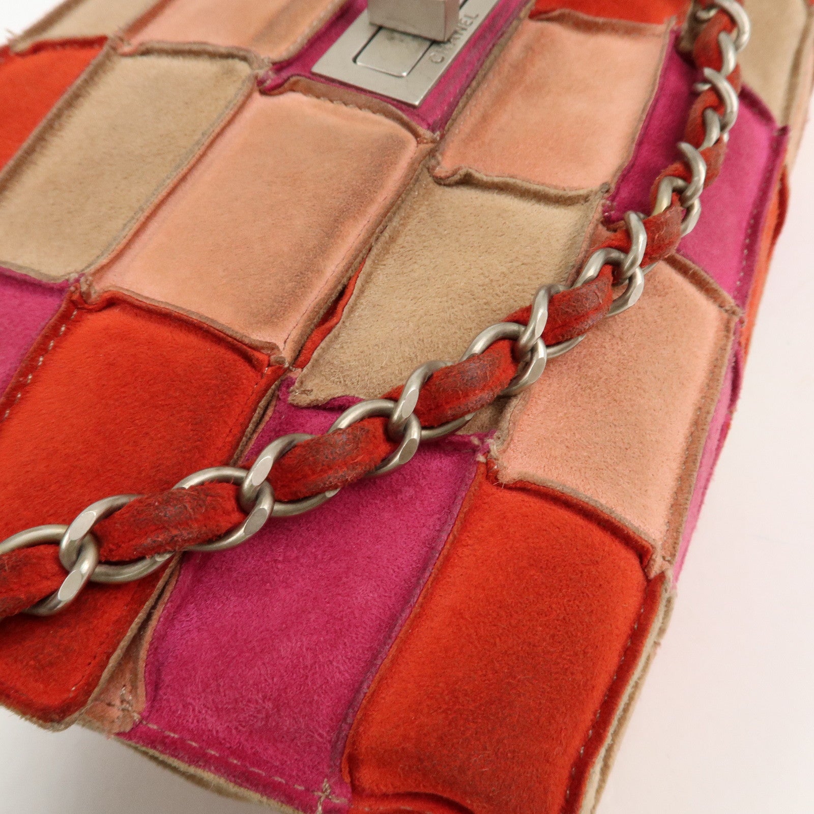 CHANEL Suede Patchwork Shoulder Bag Pink Beige Red