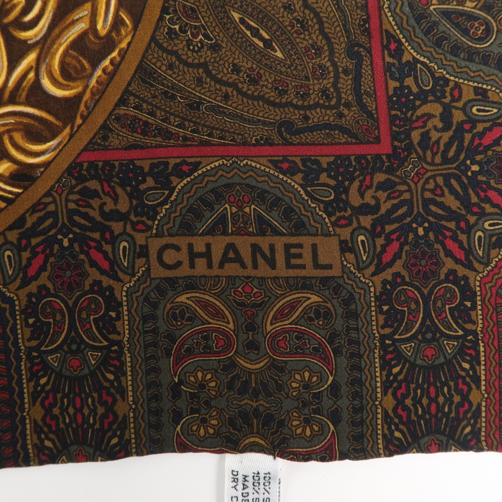 CHANEL Scarf Silk 100 % Chain Paisley Pattern Navy Gold Brown