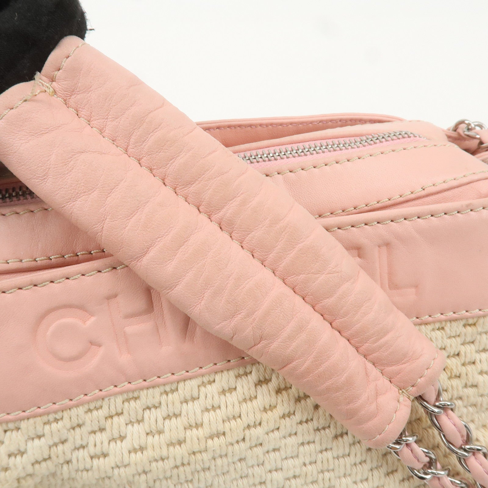 CHANEL Canvas Leather Logo Chain Tote Bag Beige Pink