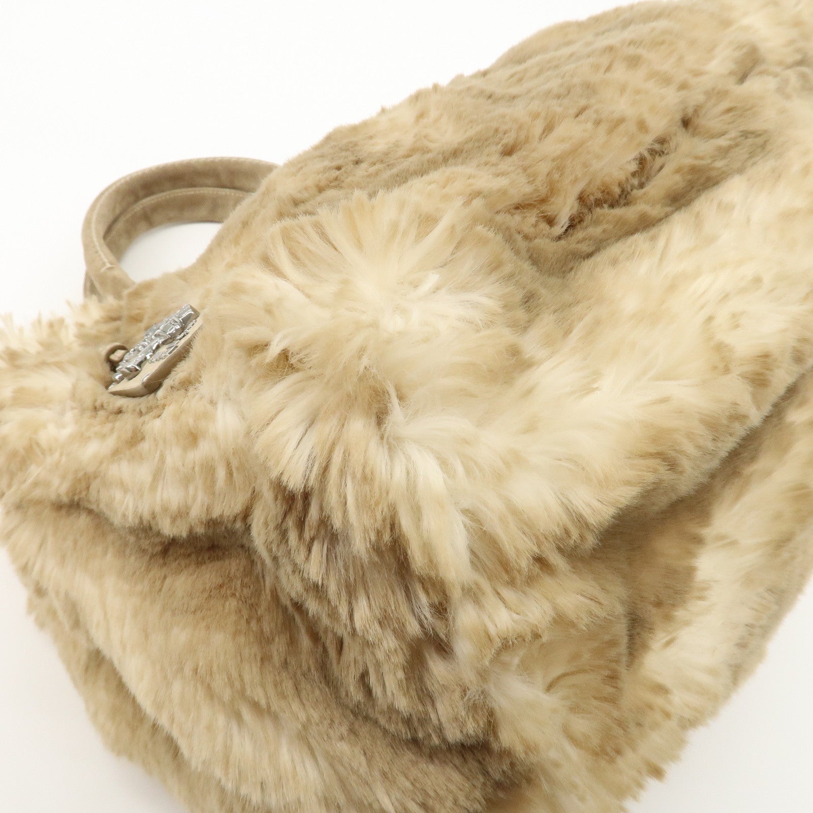 PRADA Eco Lapin Fur Suede Canapa Large Tote Bag Beige BN1918 Used