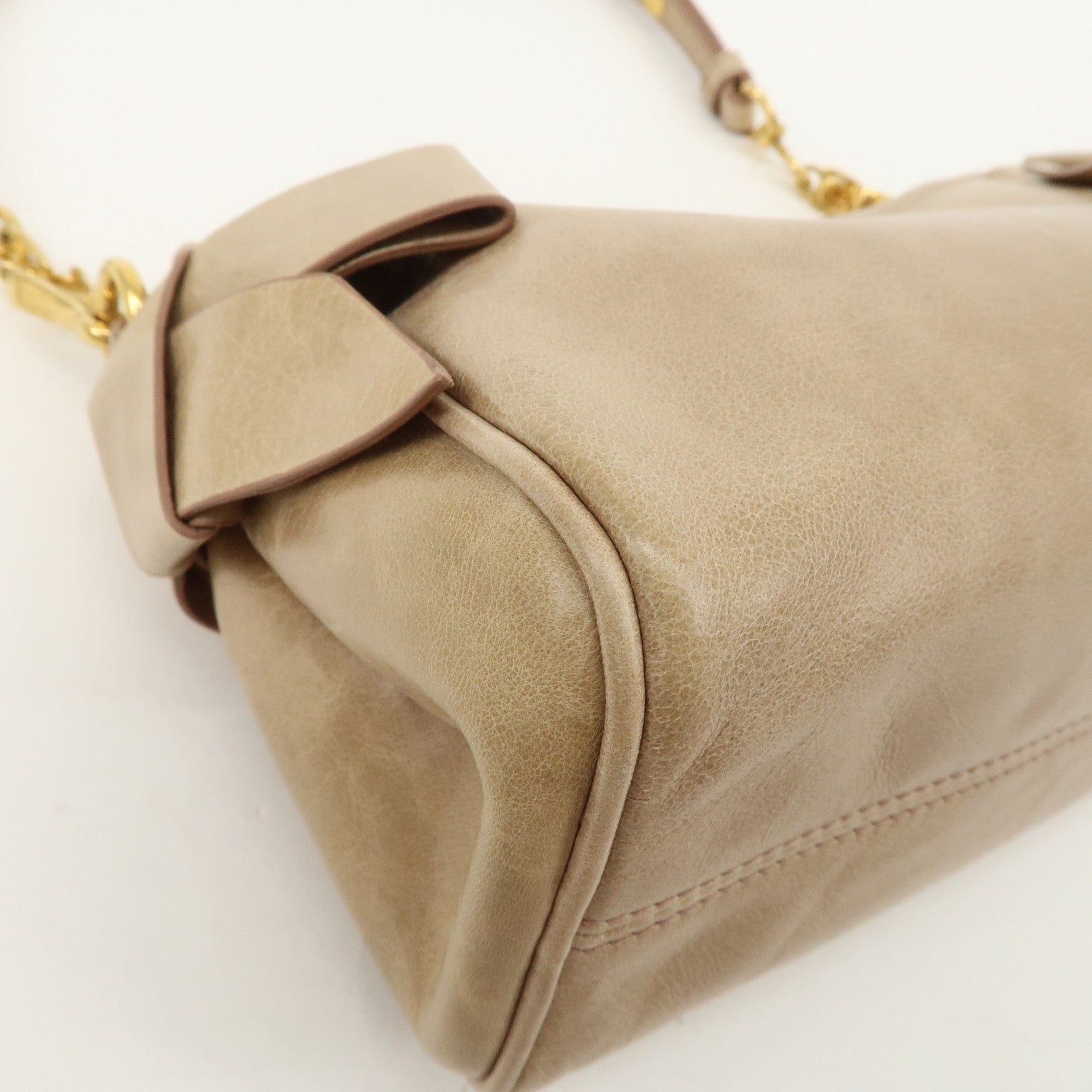 MIU MIU Leather Shoulder Bag Beige Gold Hardware Used