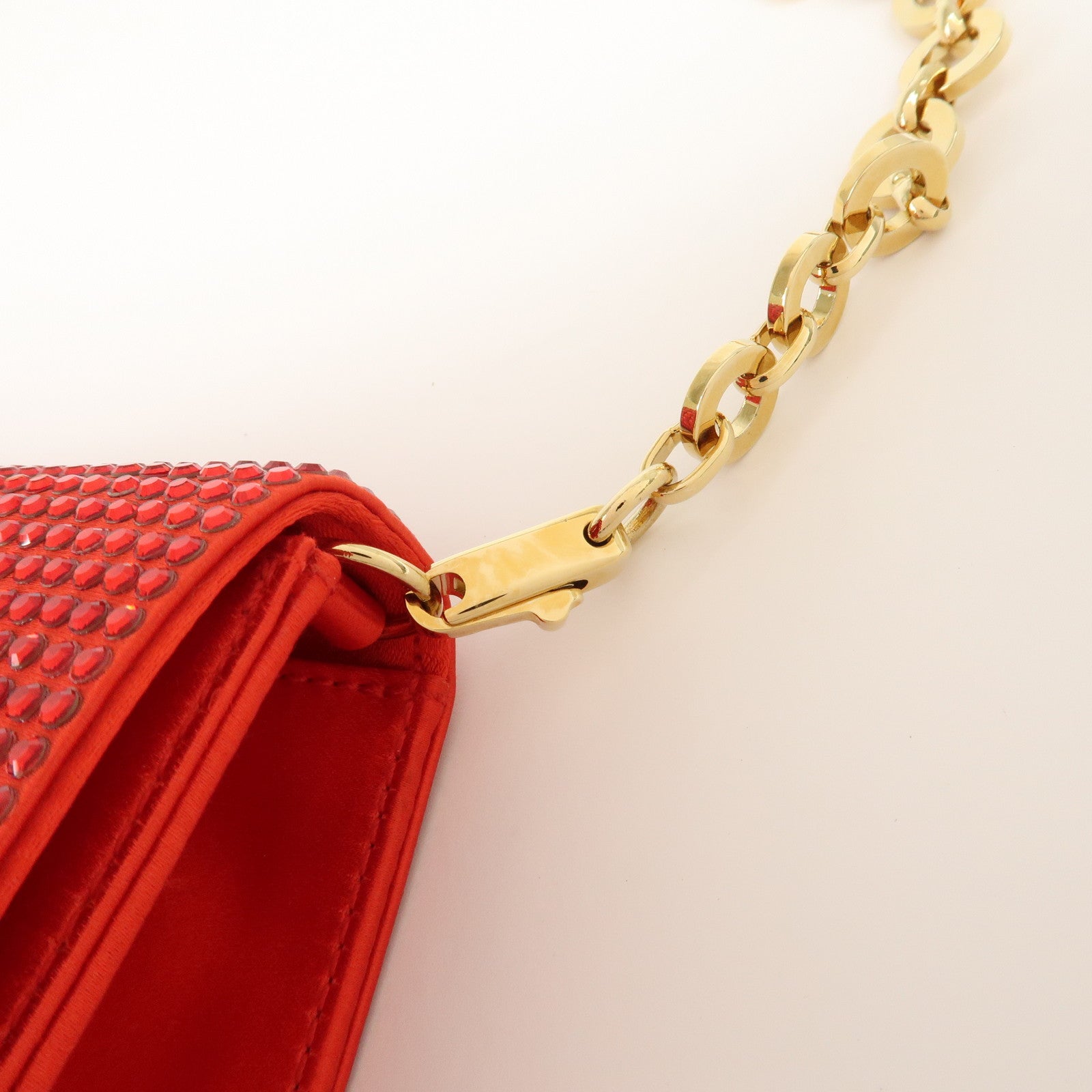 Ferragamo Nylon Rhinestone 2Way Bag Chain Shoulder Bag Red Used