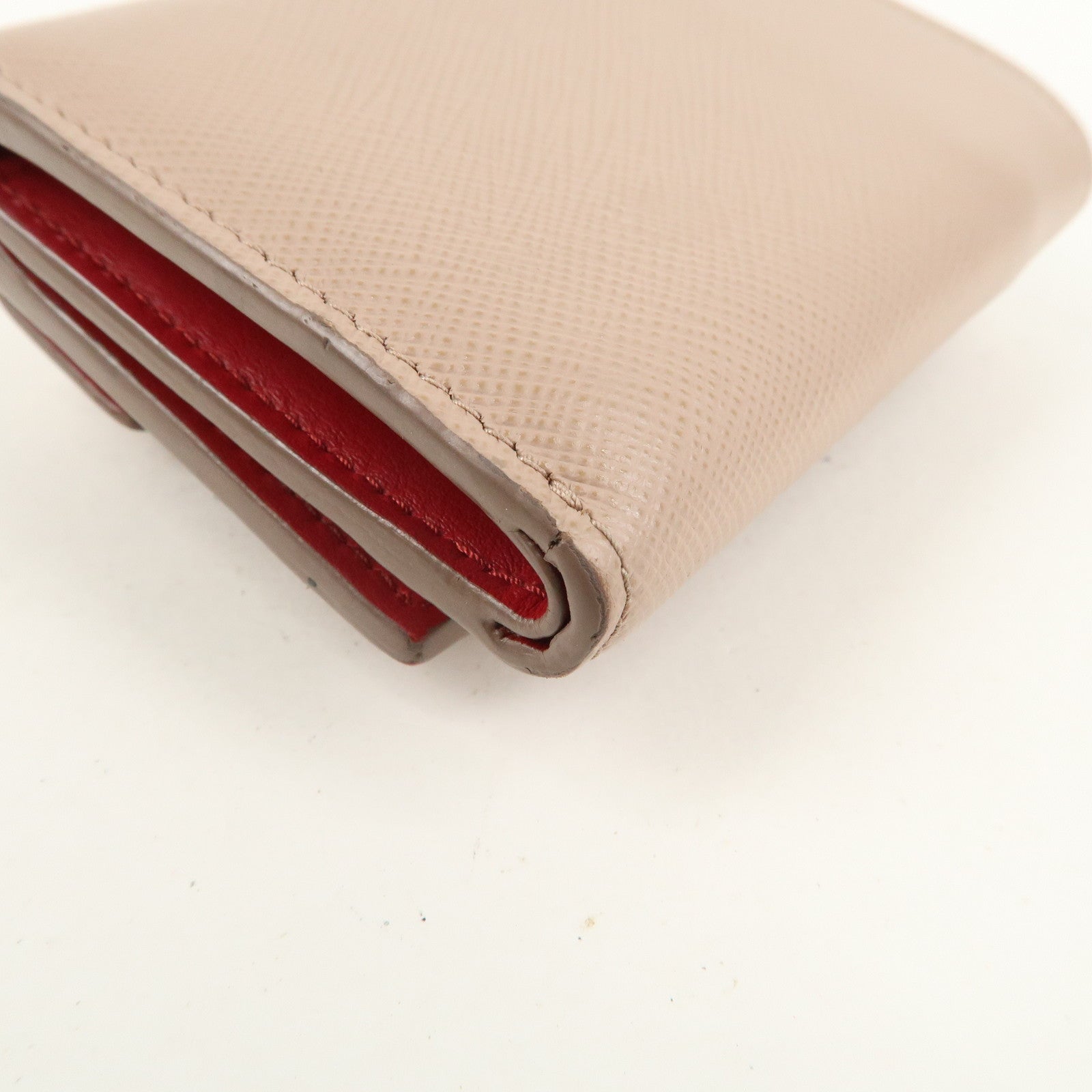 PRADA Saffiano Leather Trifold Wallet Pink Beige Red Ribbon 1MH021