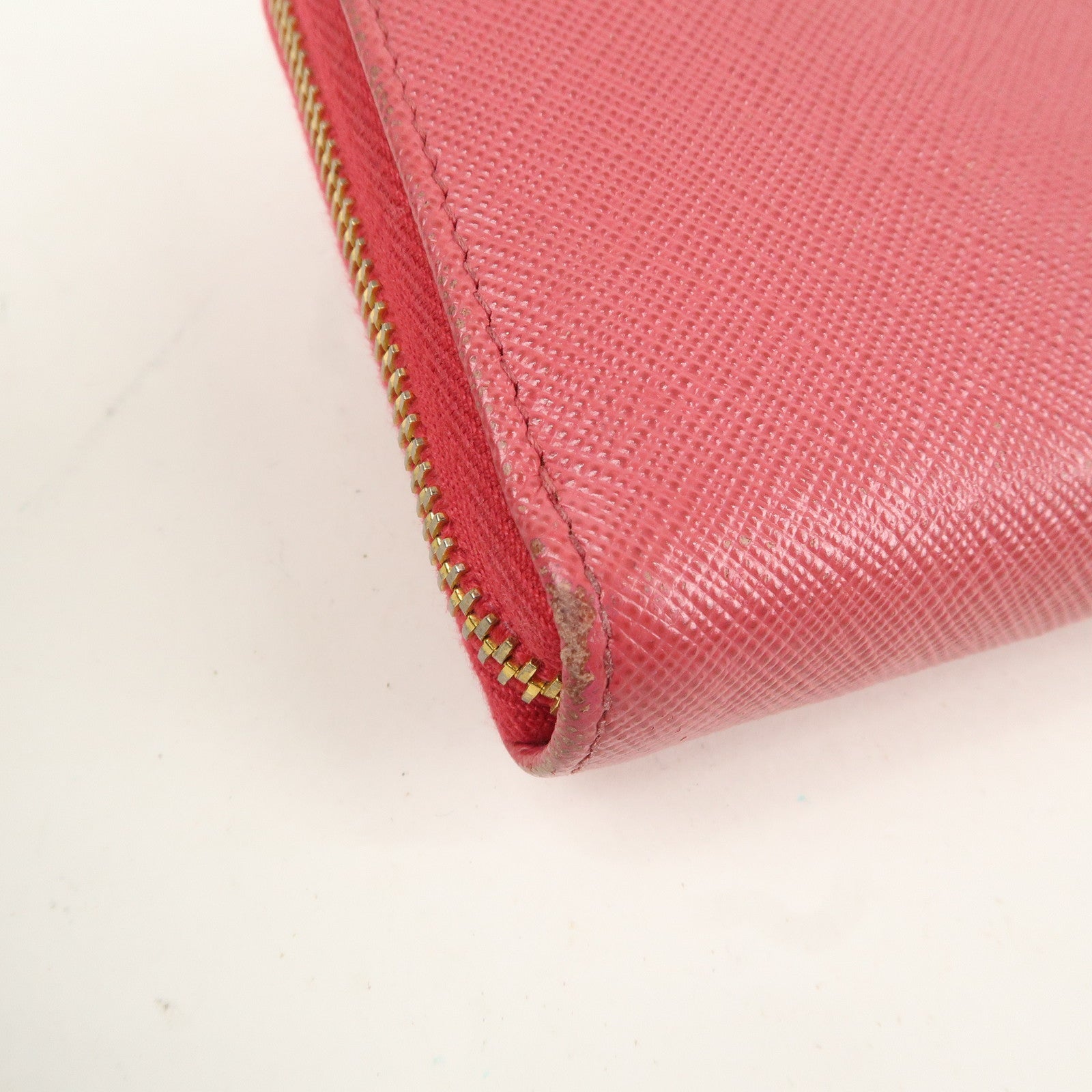 PRADA Saffiano Leather Ribbon Round Zipper Long Pink Wallet