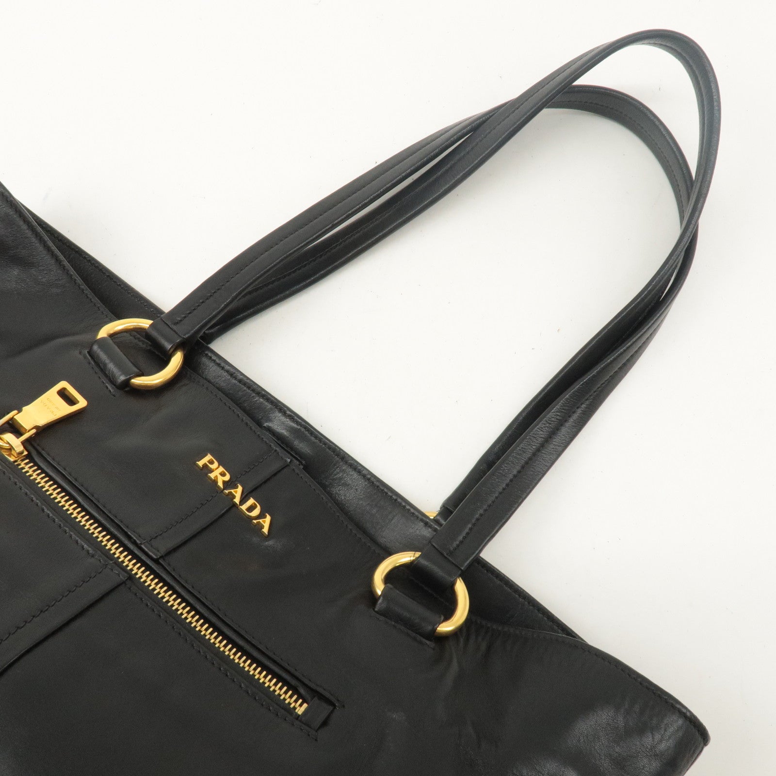 PRADA Logo Leather Tote Bag Shoulder Bag Black Gold Hardware