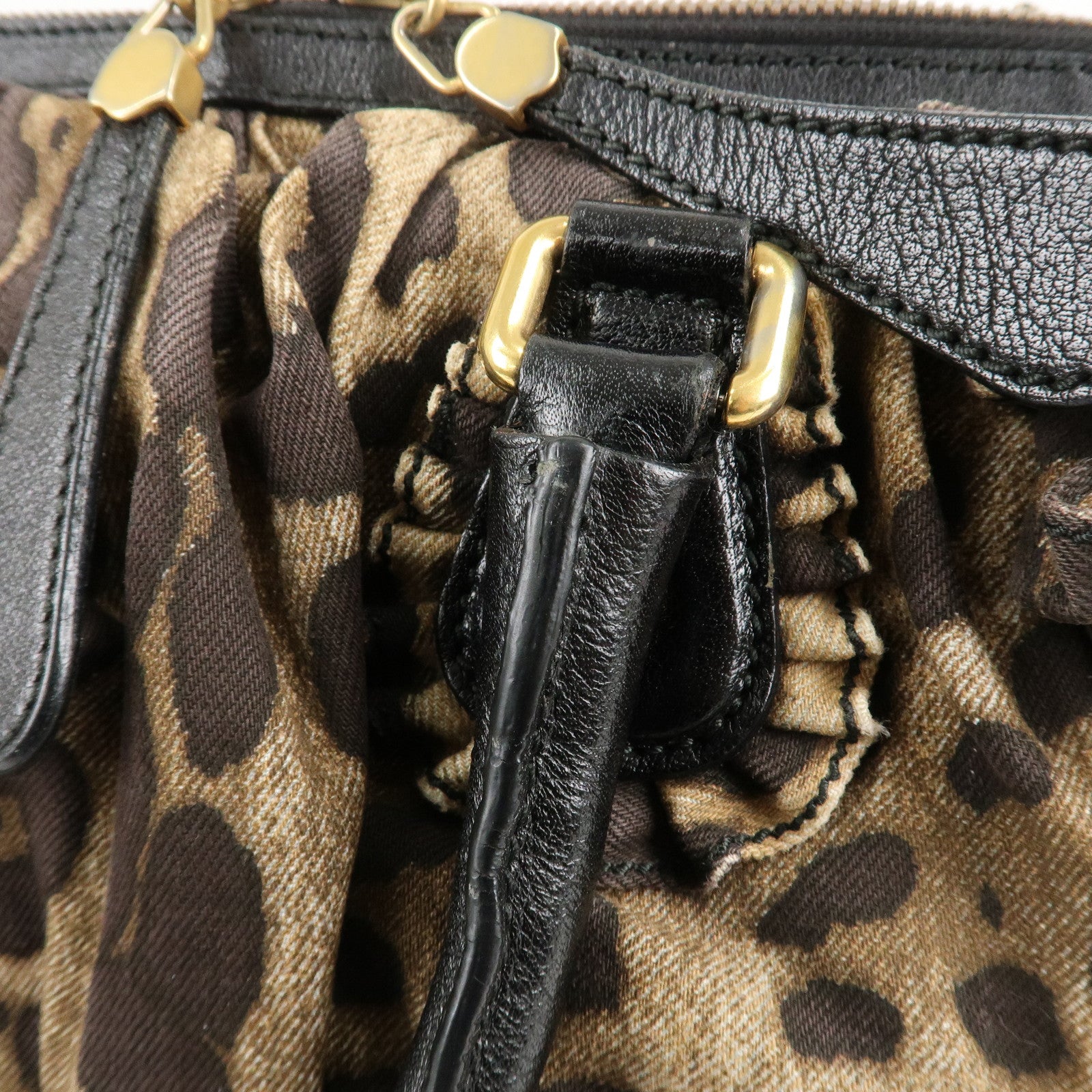 Dolce&Gabbana Canvas Leather Leopard Hand Bag Brown Black Used