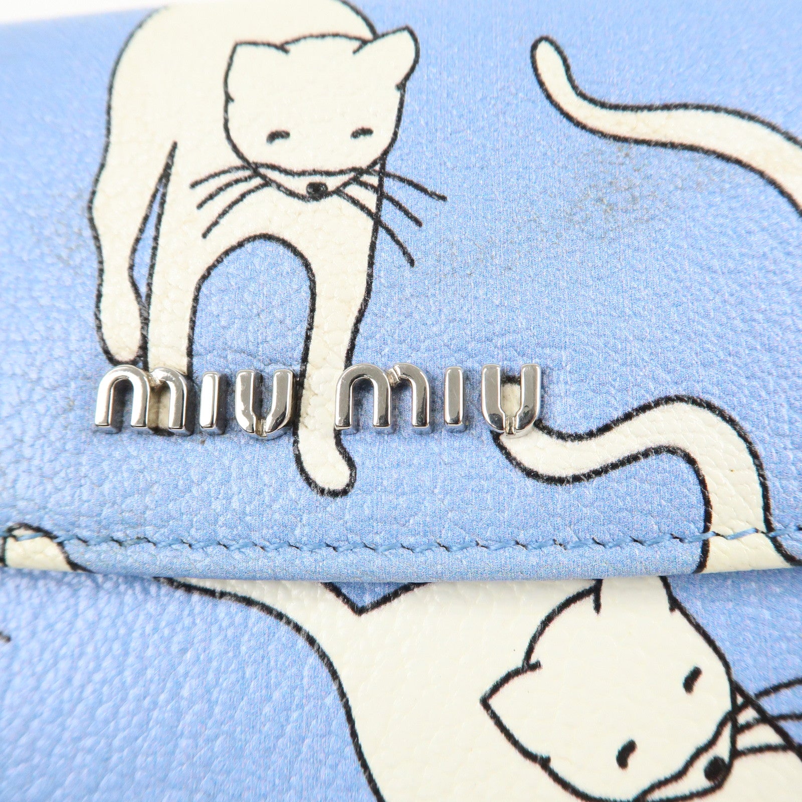 MIU MIU Logo Leather Bi Fold Wallet Cat Pattarn Blue White Used