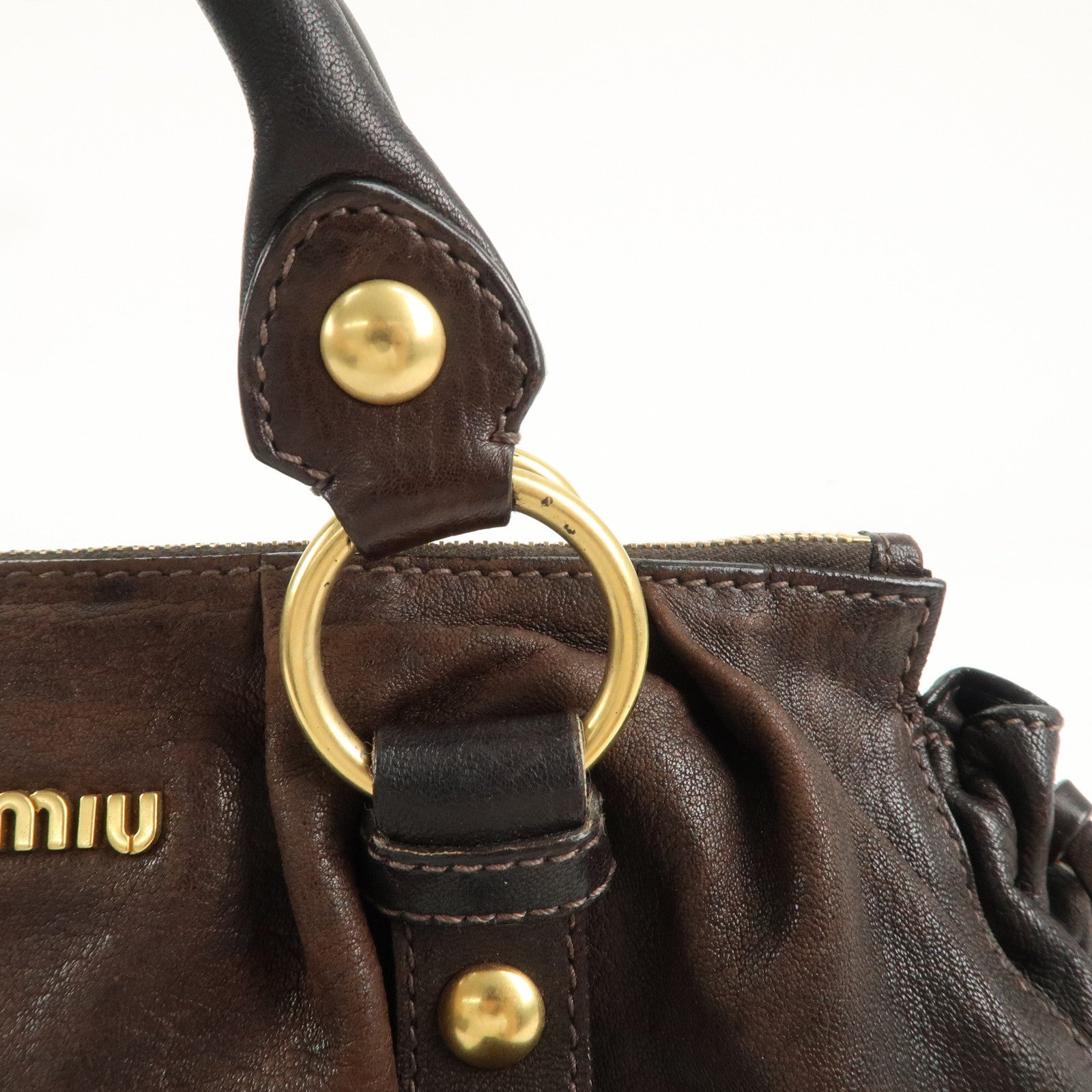 MIU MIU Leather 2Way Bag Hand Bag Shoulder Bag Dark Brown RT0384