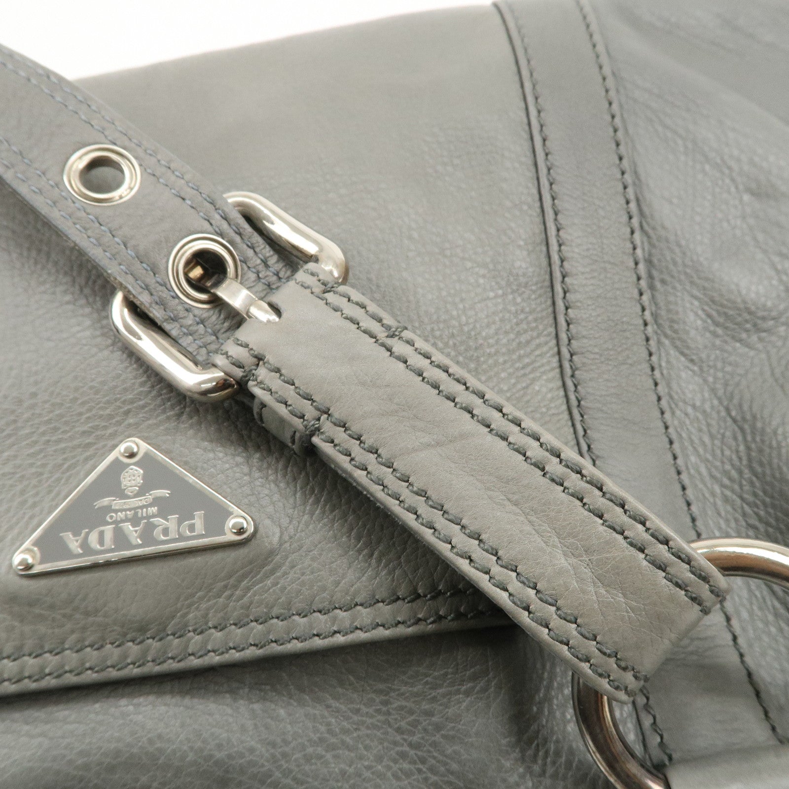 PRADA Leather Boston Bag Shoulder Bag Gray Silver Hardware Used