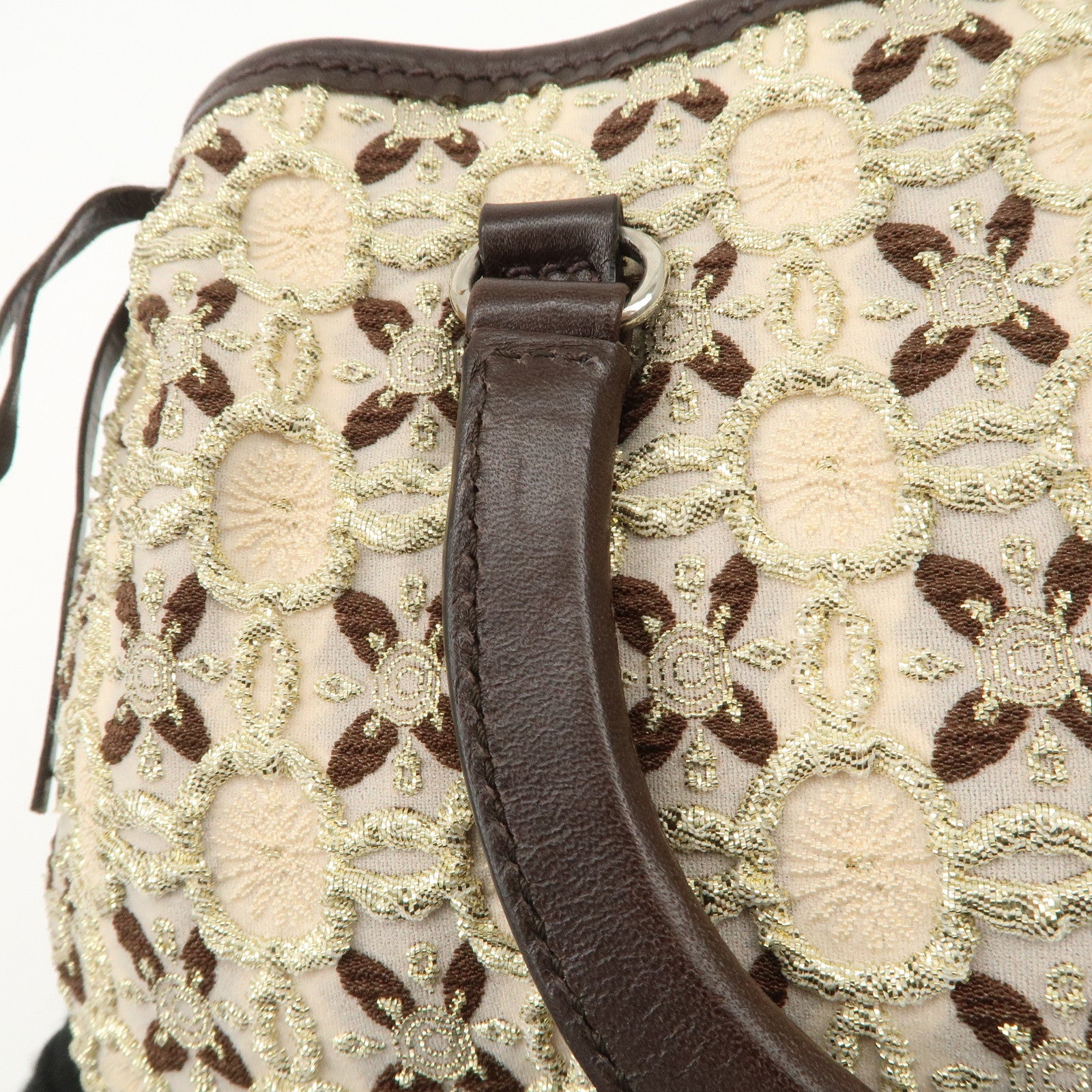 PRADA Tweed Flower Embroidery Tote Bag Beige Gold Dark Brown Used