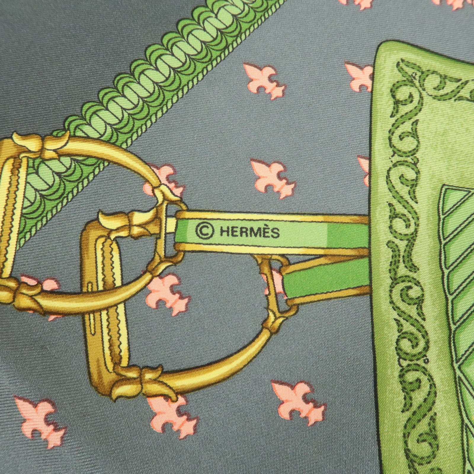 HERMES Carre 90 Silk 100% Scarf SELLES A HOUSSE Gray Green Pink Used