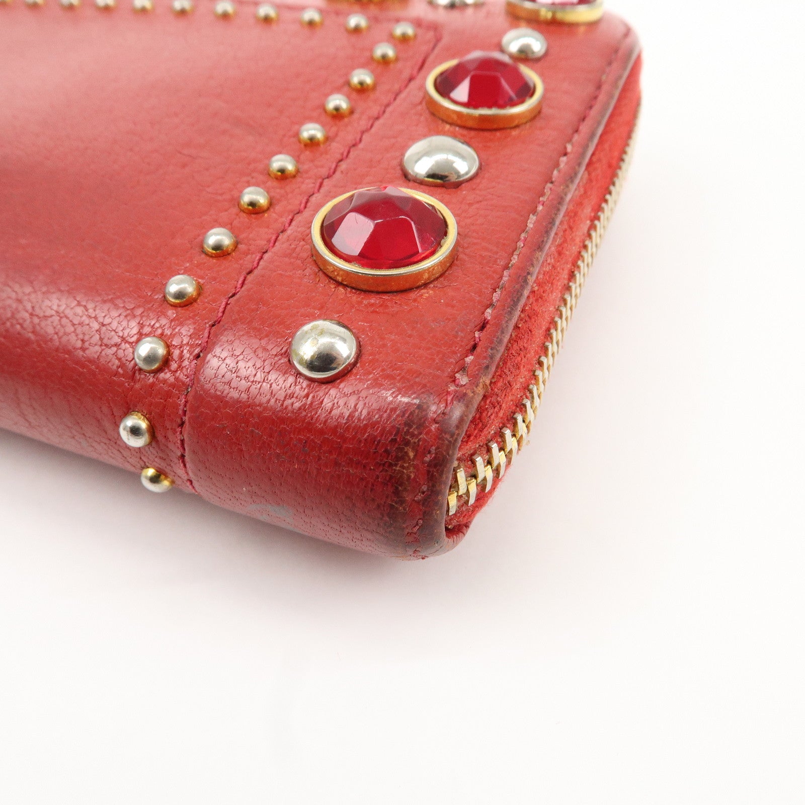 MIU MIU Leather Round Zipper Long Wallet Bijou Studs Red