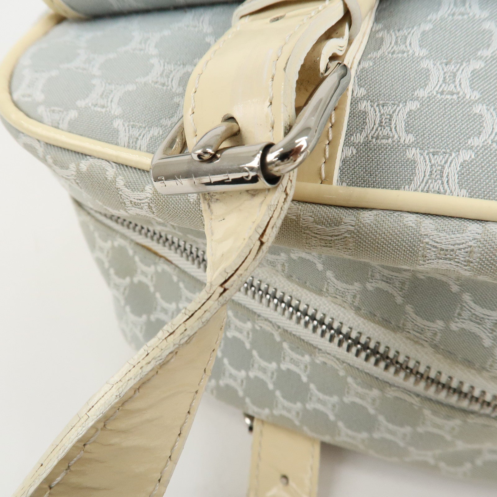 CELINE Macadam Canvas Patent Leather Boston Bag Blue Ivory Used