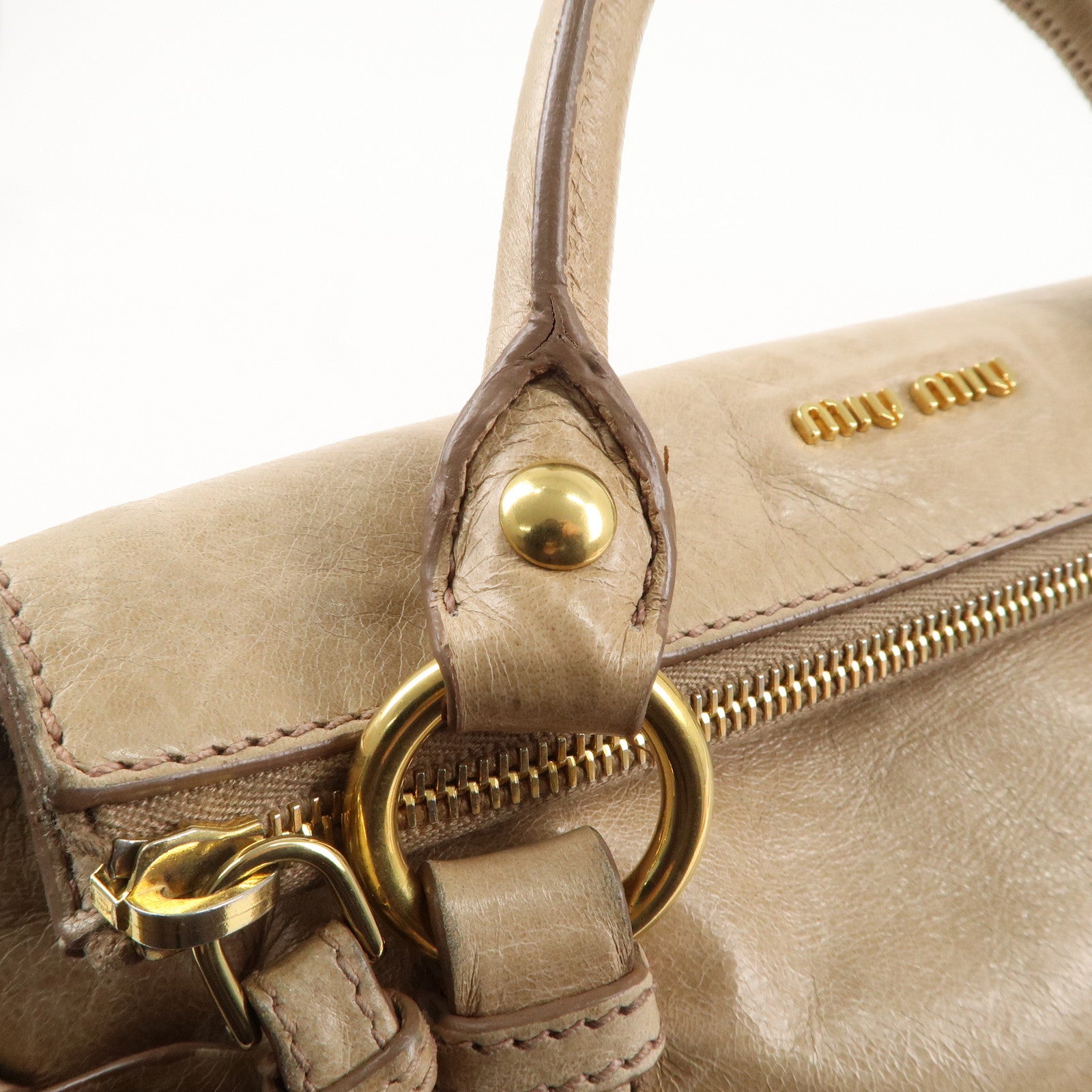 MIU MIU Leather Side Ribbon 2WAY Hand Shoulder Bag Beige PT0438