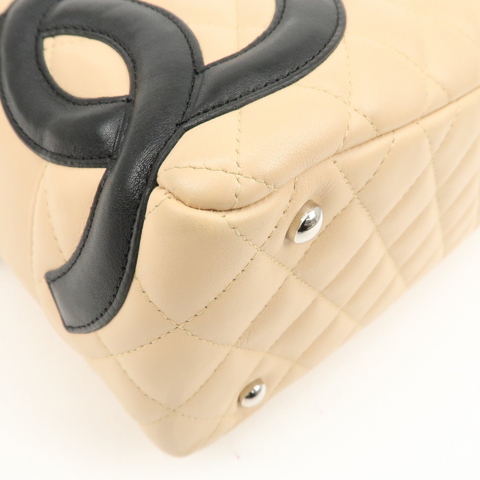 CHANEL Cambon Line Lamb Skin Bowling Bag Beige Black A25171 Used