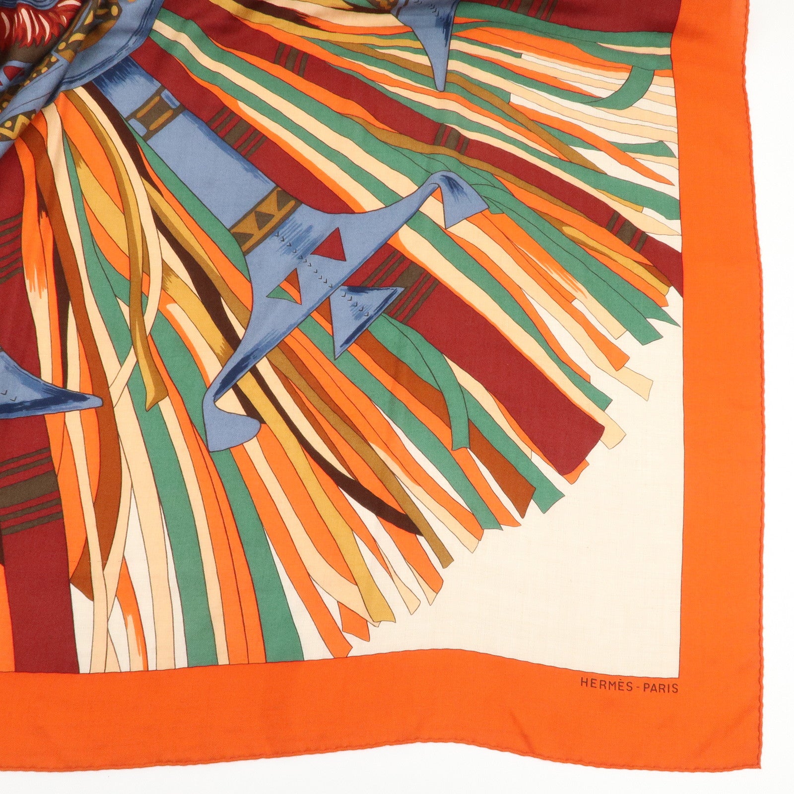 HERMES Carre 140 Cashmere Silk Scarf CUIRS DU DESERT Orange Used