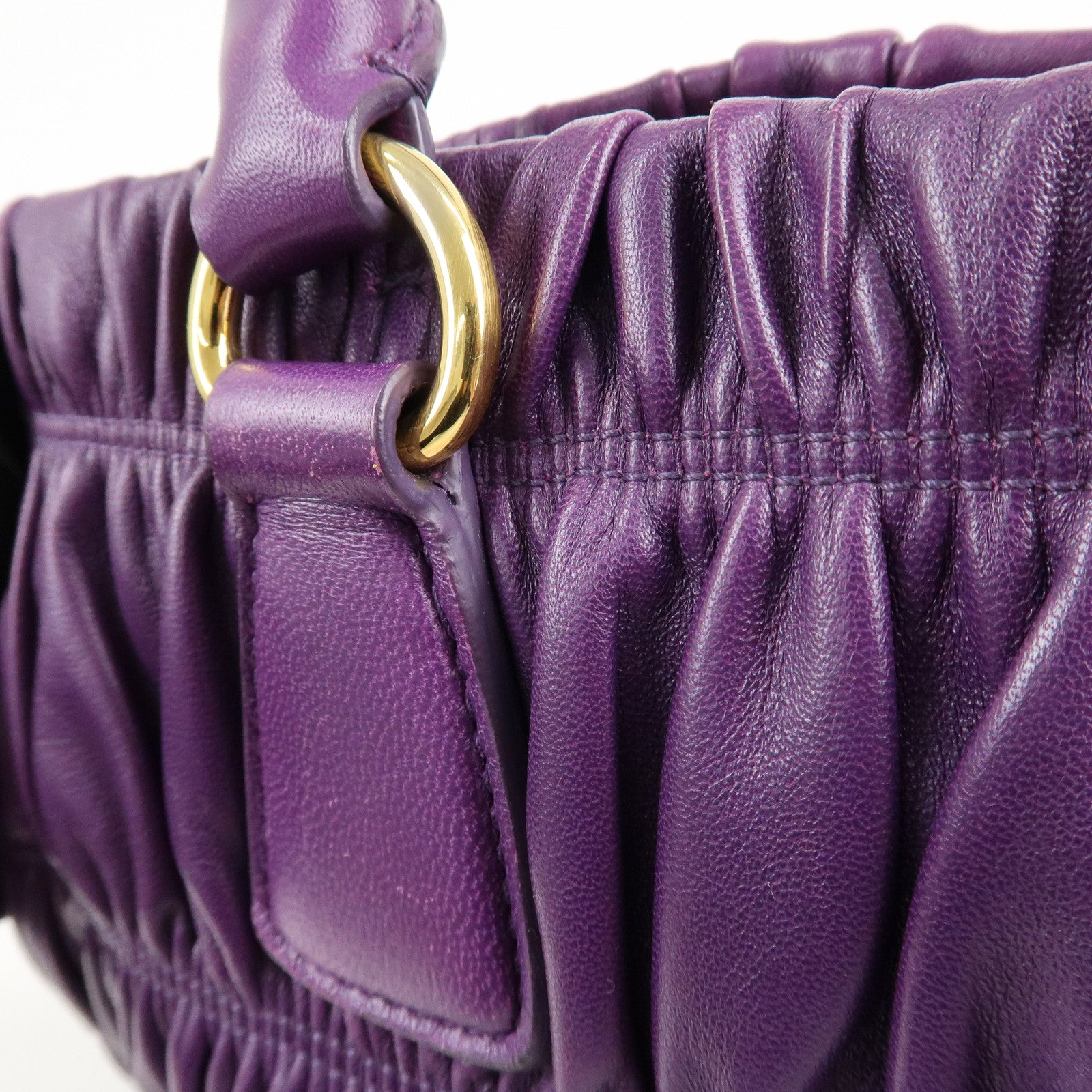 PRADA Leather Gathered Hand Bag Purple Gold Hardware BN2394