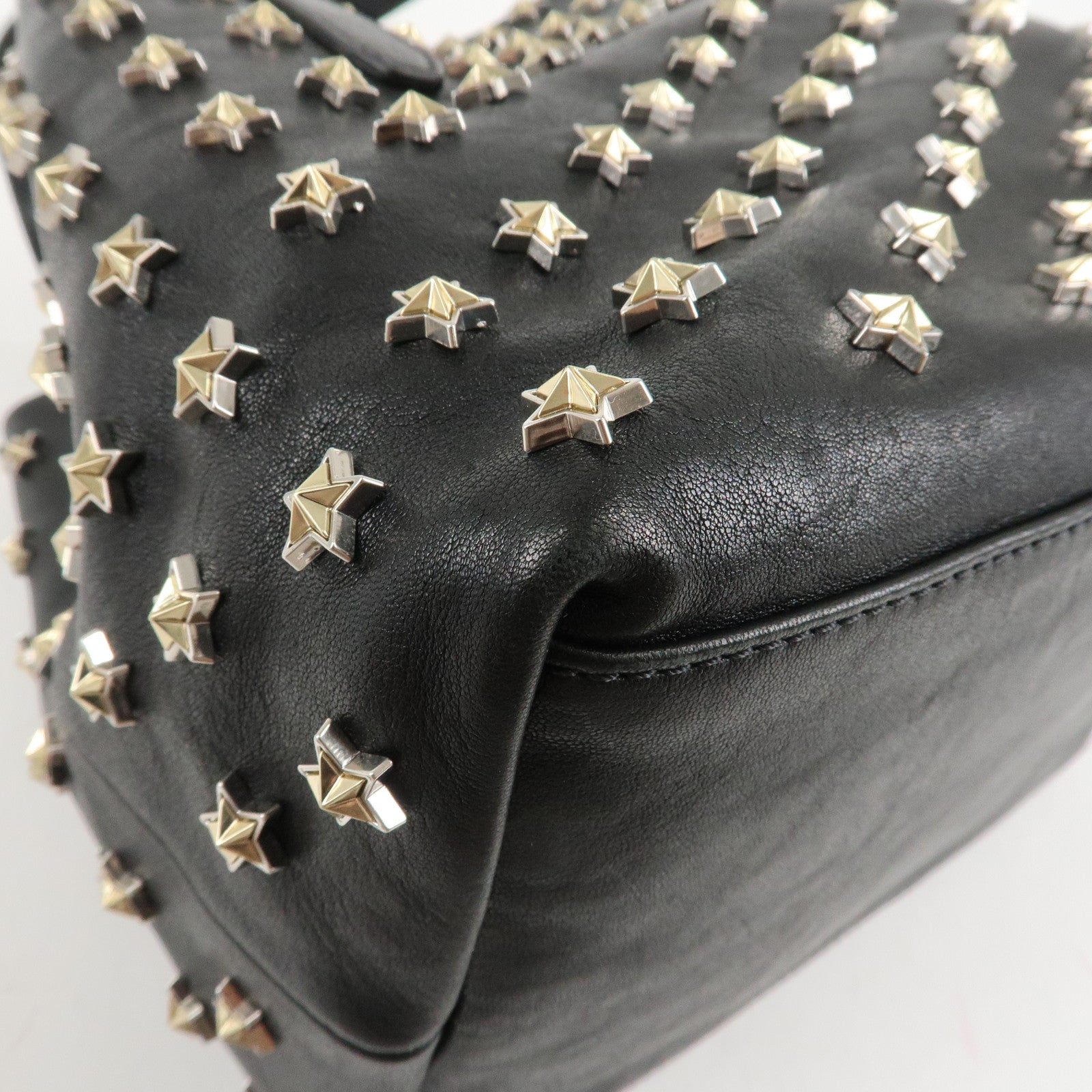 JIMMY CHOO Leather Tote Bag Hand Bag Star Studs Black Gold HDW