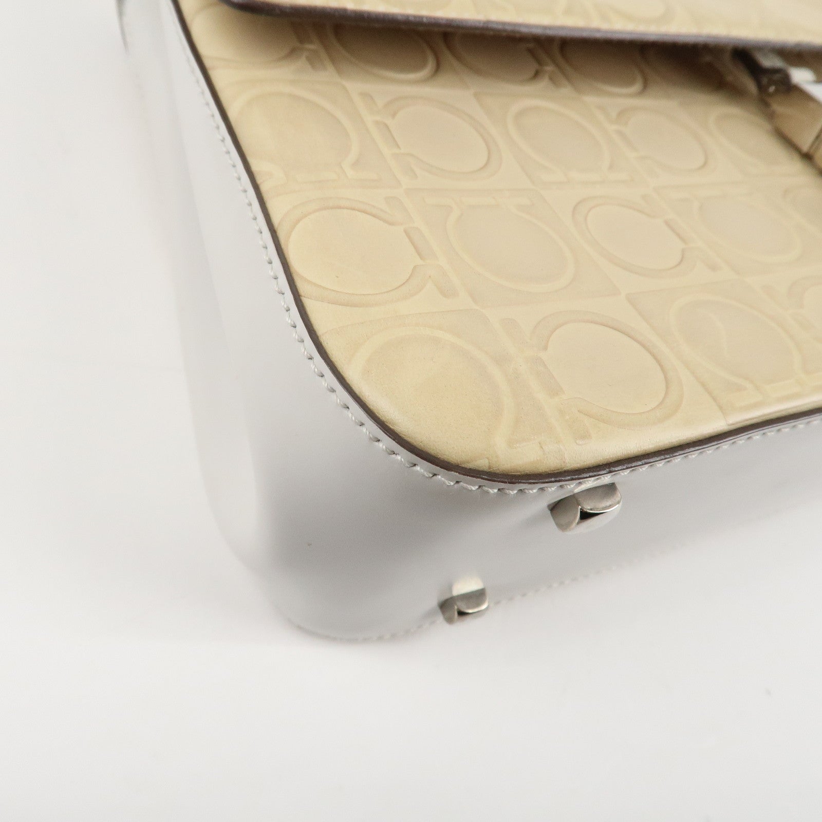 Ferragamo Gancini Pattern Leather Hand Bag Ivory