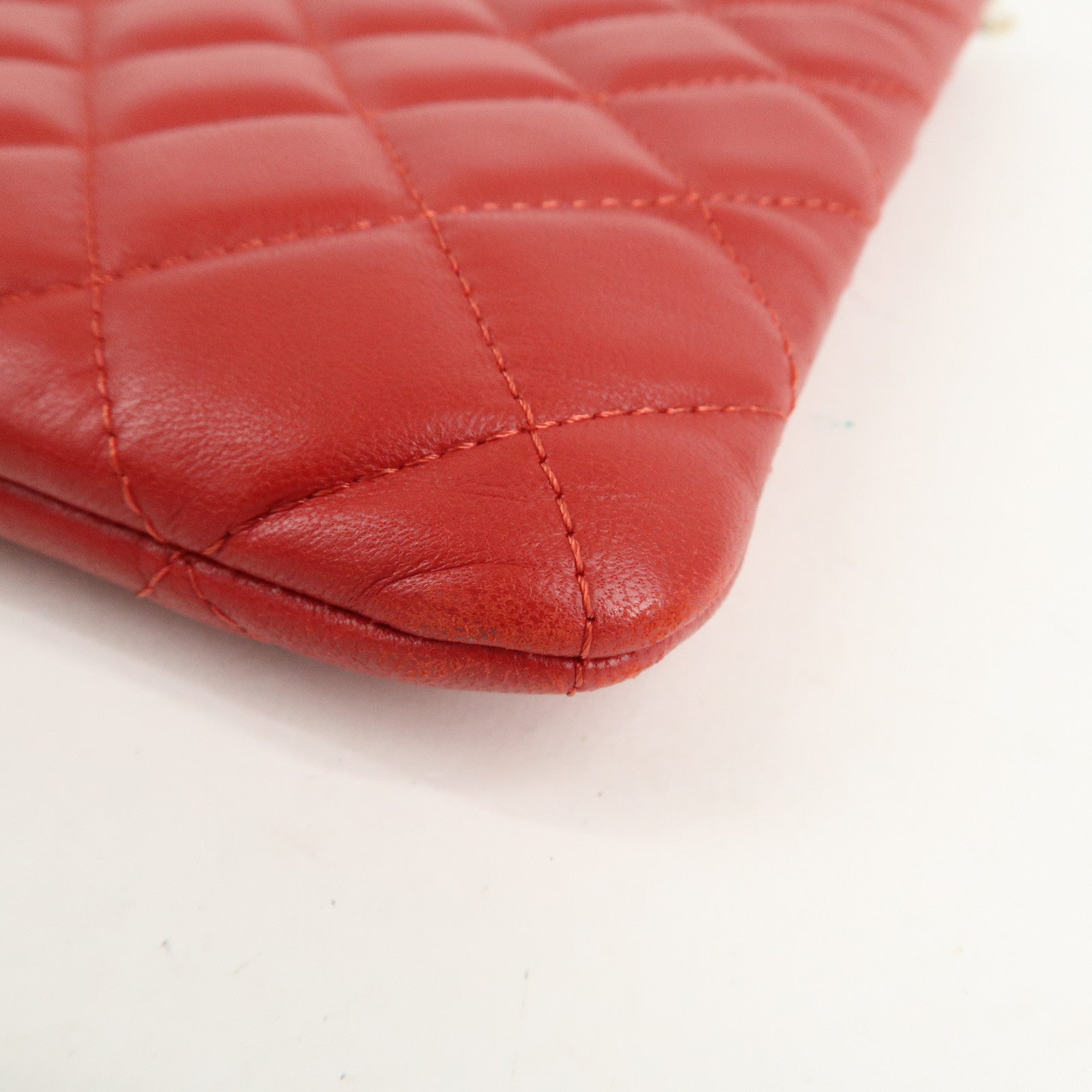 CHANEL Matelasse COCO Mark Lamb Skin Clutch Bag Red Used