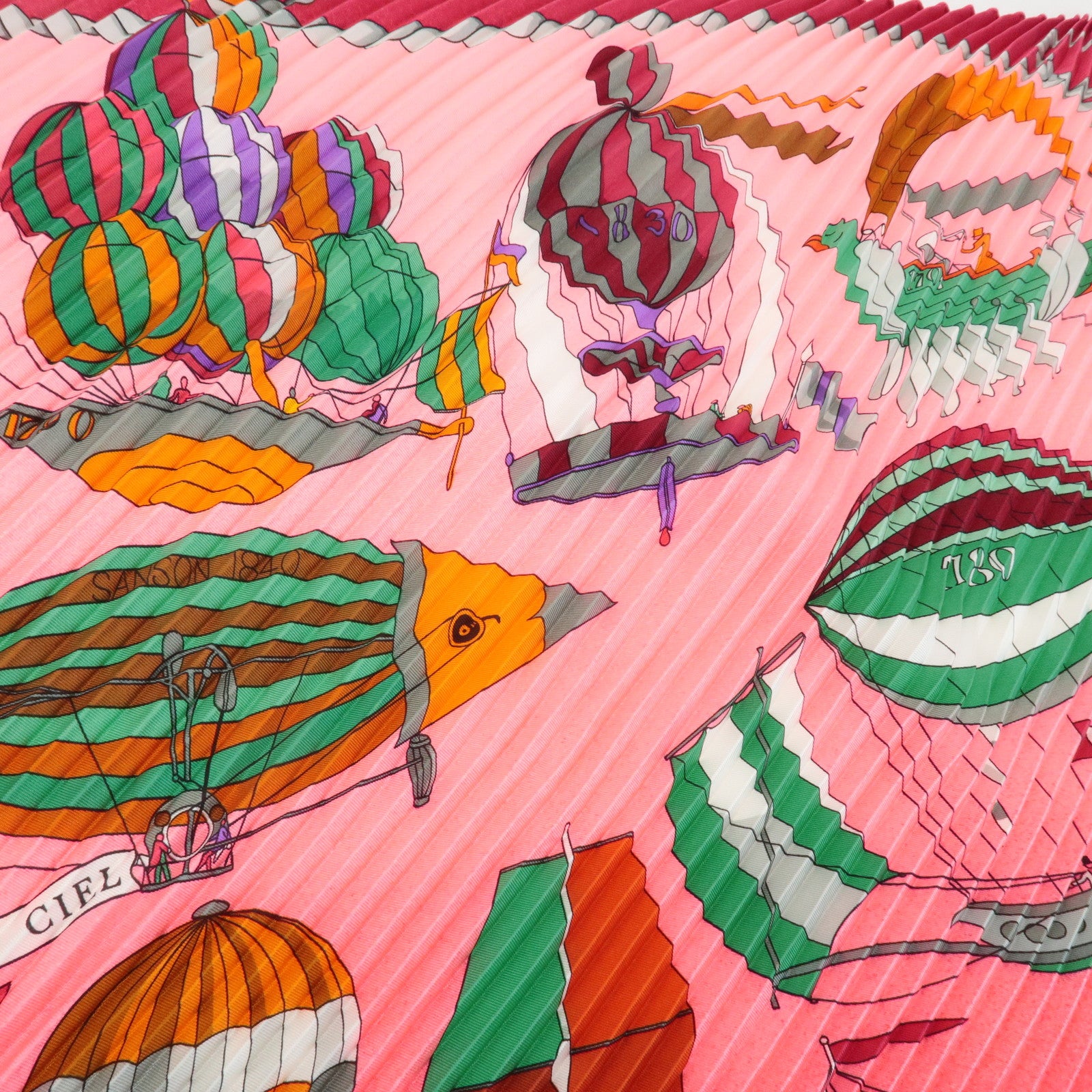 HERMES 100% Silk Pleats Scarf PAZ UNIVERSAL Pink Green Orange Used