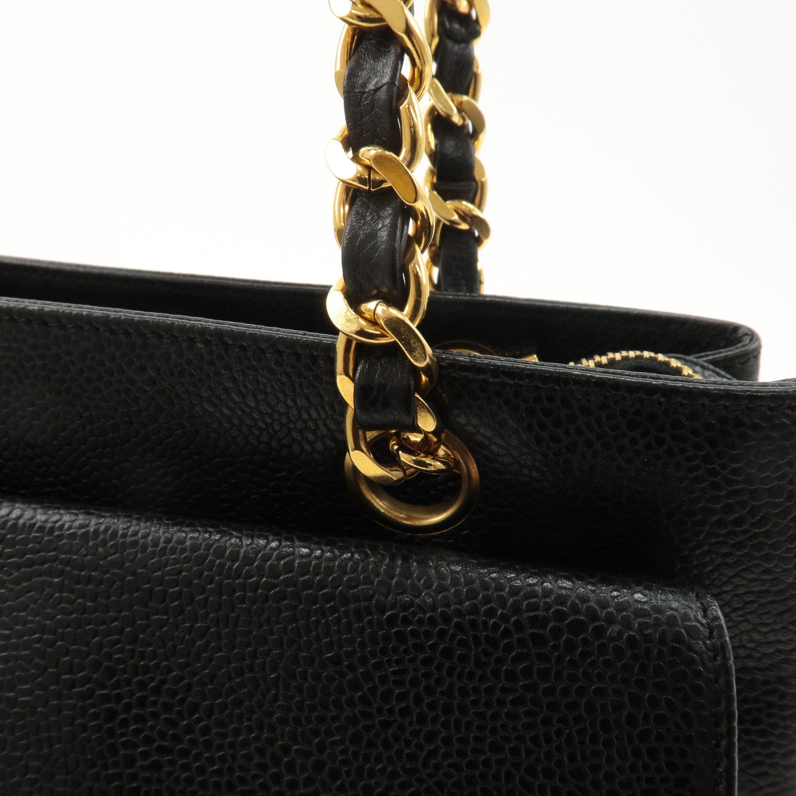 CHANEL Caviar Skin Chain Tote Bag Shoulder Bag Black Gold