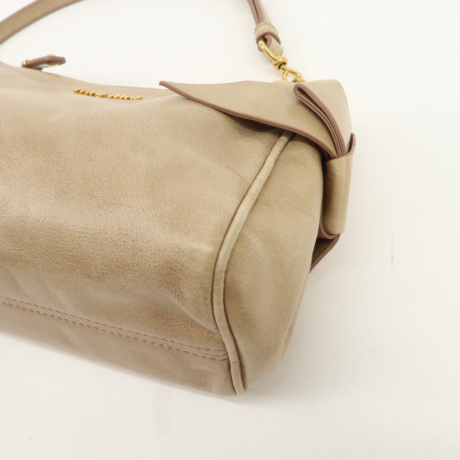 MIU MIU Leather Shoulder Bag Beige Gold Hardware Used