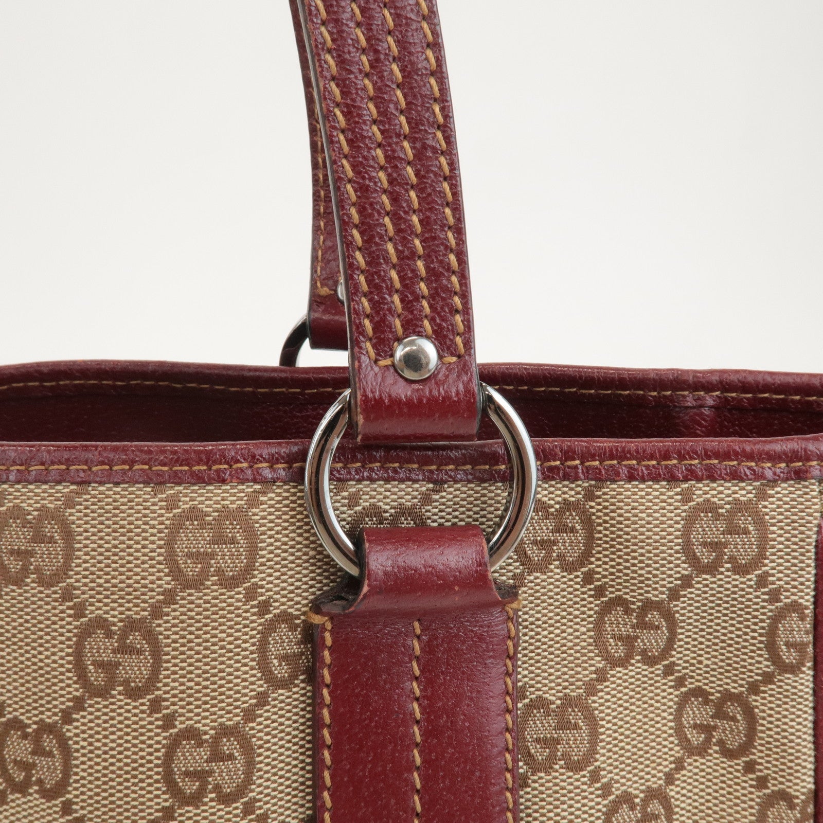 GUCCI GG Canvas Leather Tote Bag Hand Bag Beige Bordeaux 113019 Used