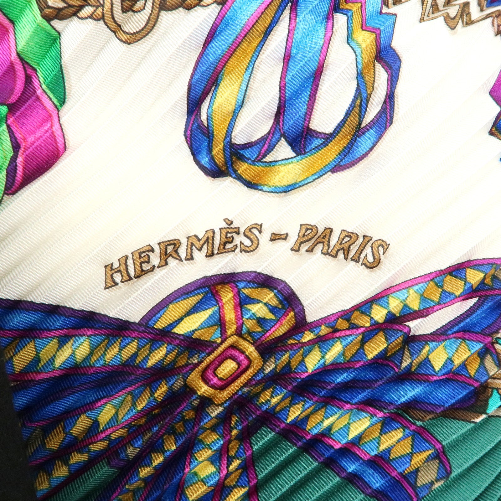 HERMES Pleats Carre Scarf Silk 100% LES RUBANS DU CHEVAL Used