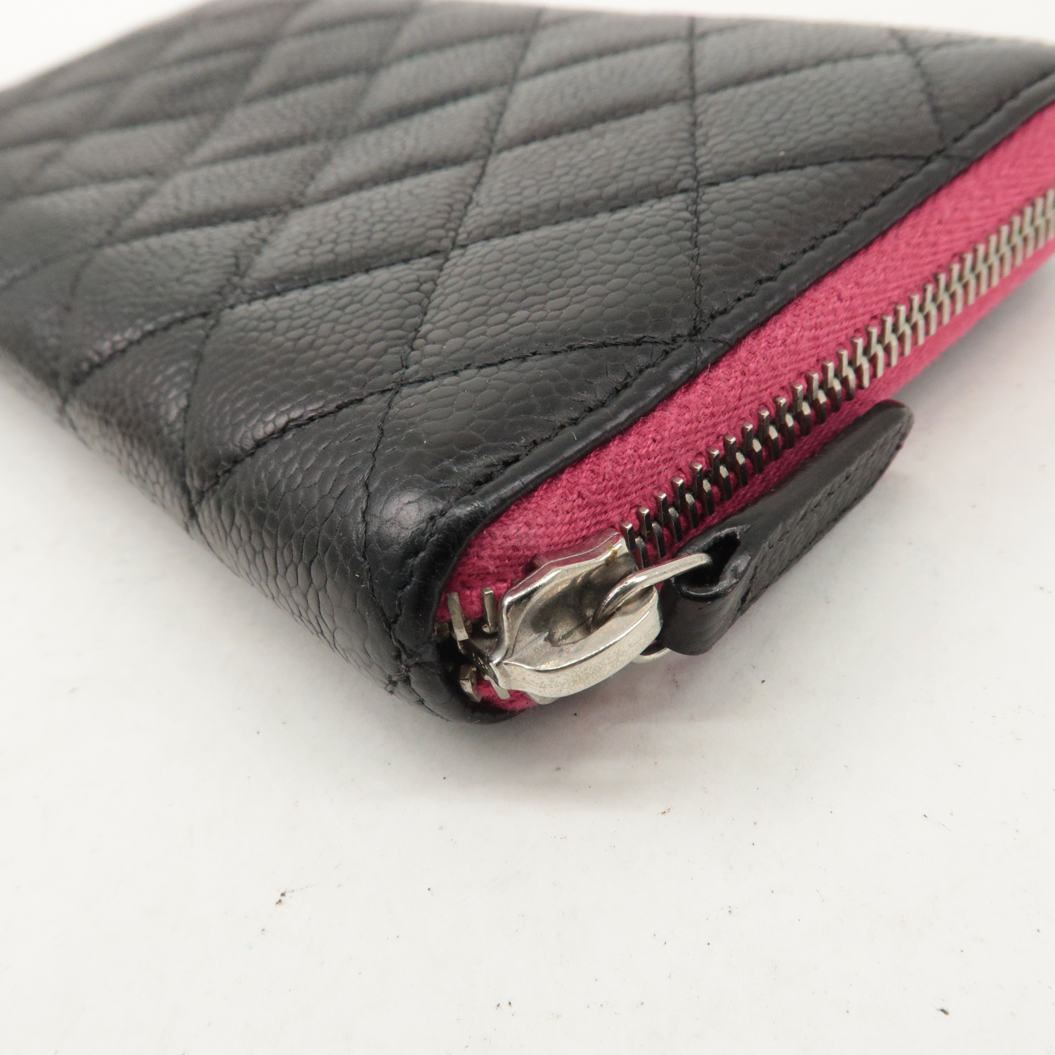 CHANEL Caviar Skin Zip Round Long Wallet Black Pink