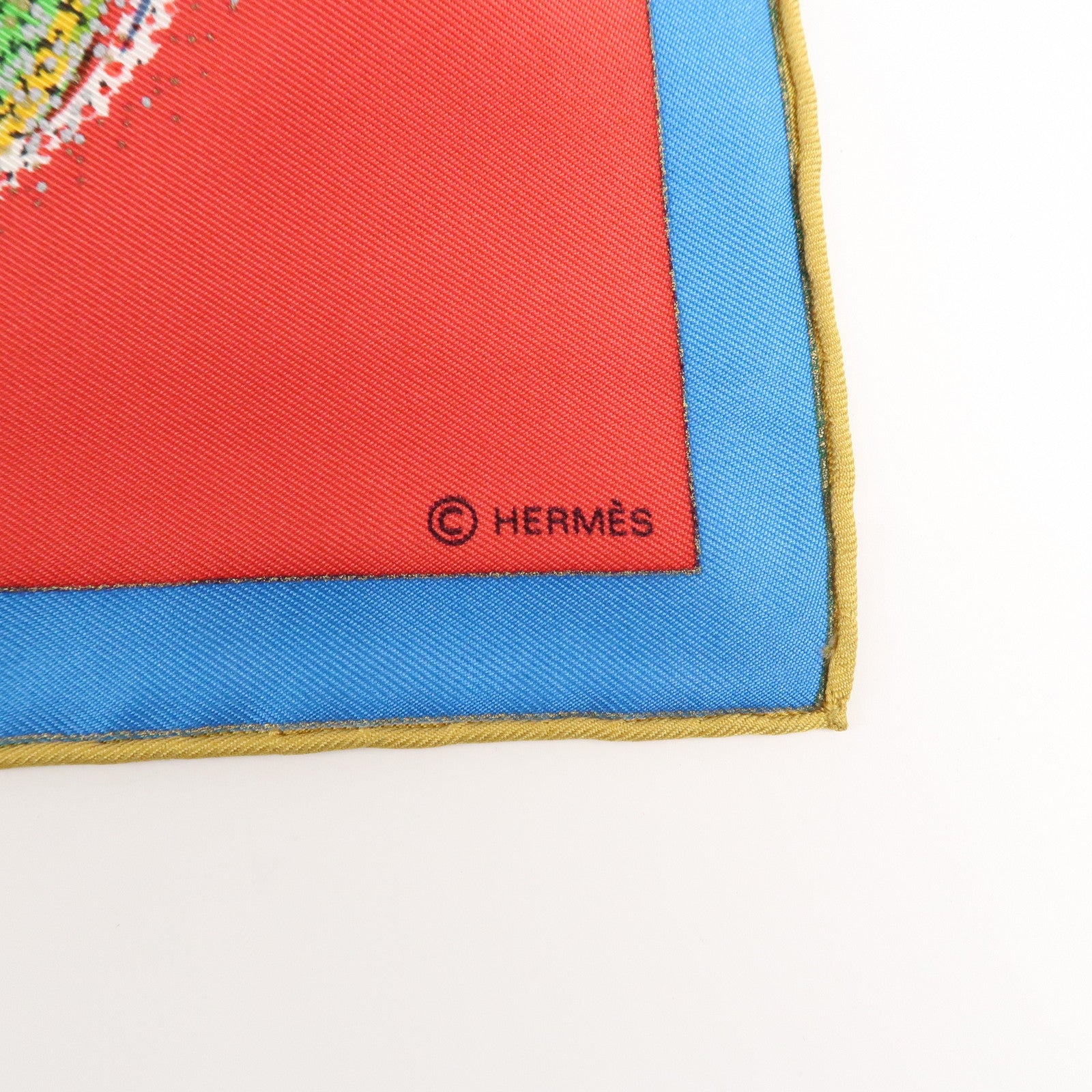 HERMES Carre 90 Silk 100% Scarf LES FEUX DE LESPACE Red Gold Blue Used